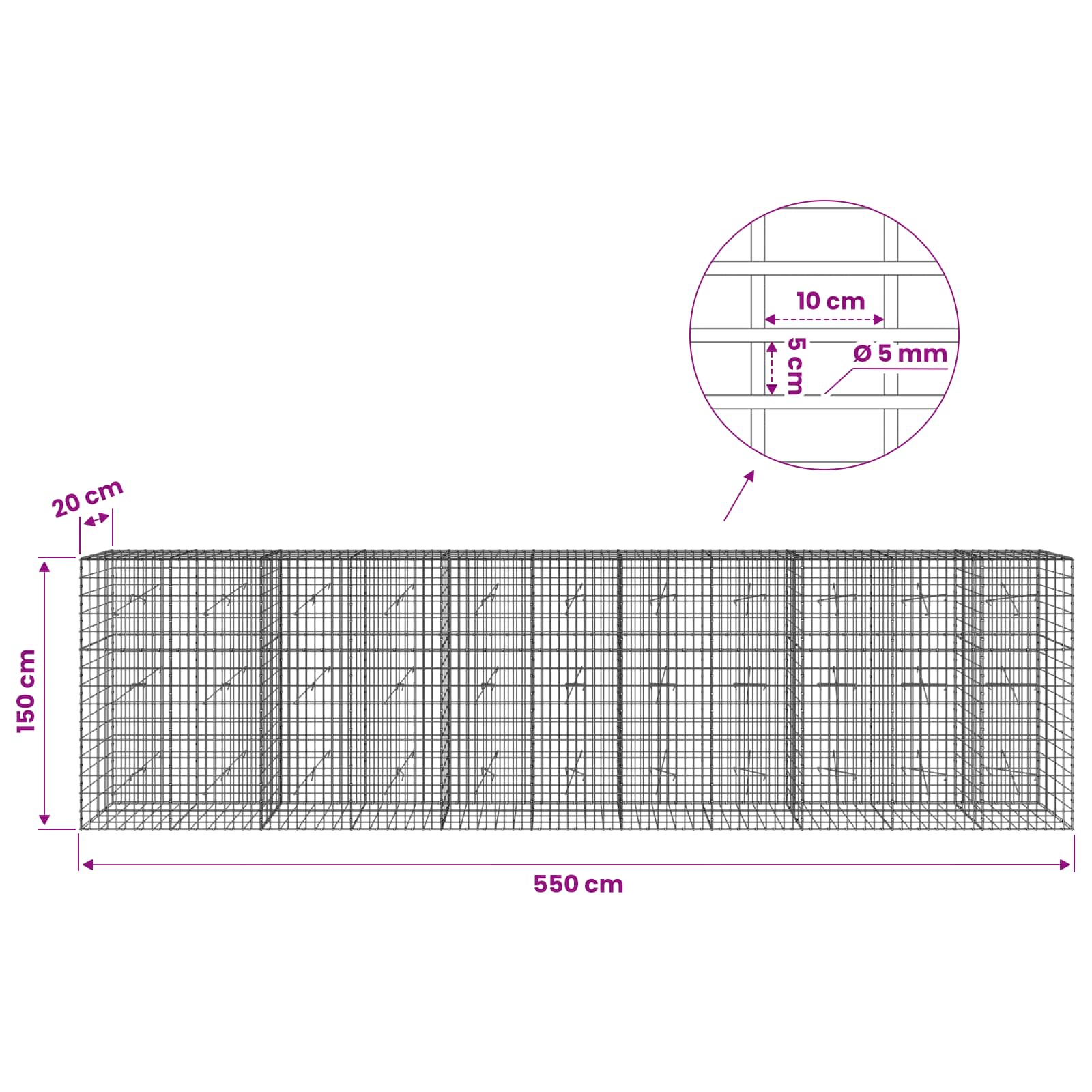 Gabion z žico 5 mm in mrežo 5x10 cm 550x20x150 cm