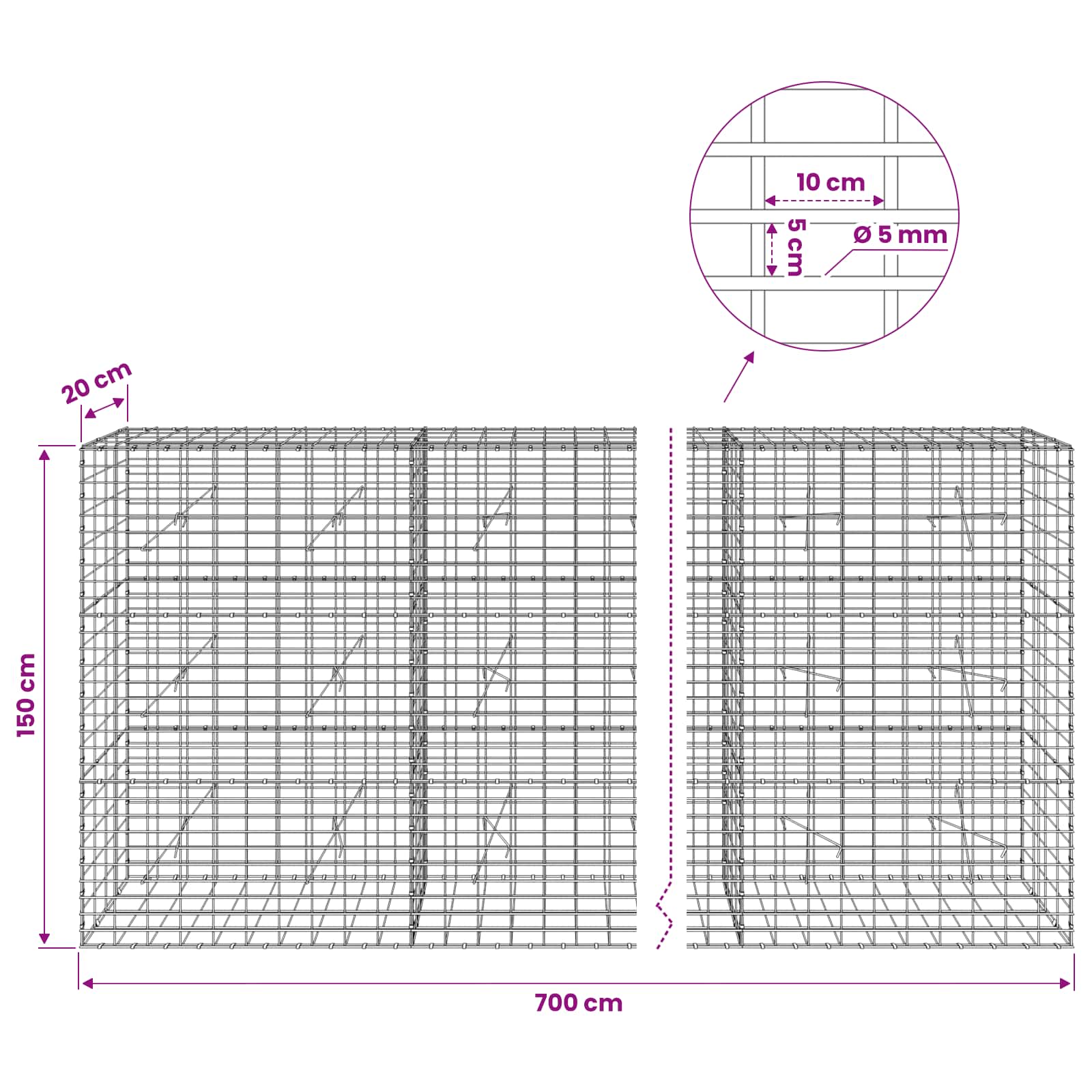 Gabion z žico 5 mm in mrežo 5x10 cm 700x20x150 cm
