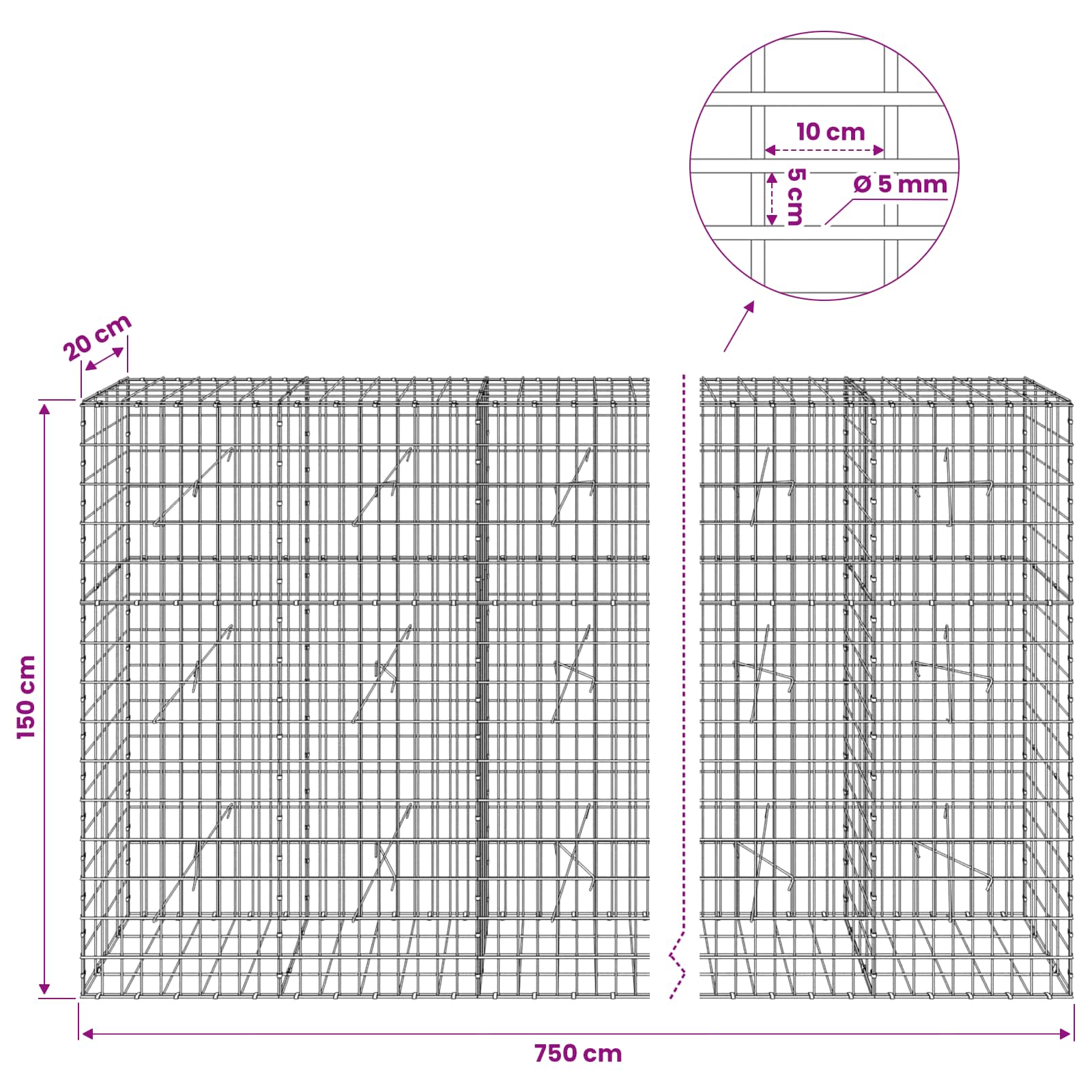 Gabion z žico 5 mm in mrežo 5x10 cm 750x20x150 cm