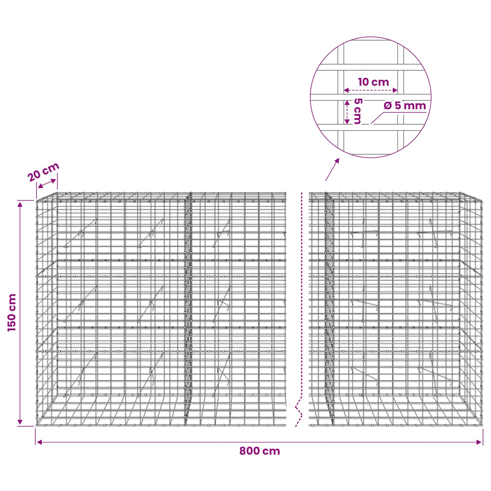 Gabion z žico 5 mm in mrežo 5x10 cm 800x20x150 cm