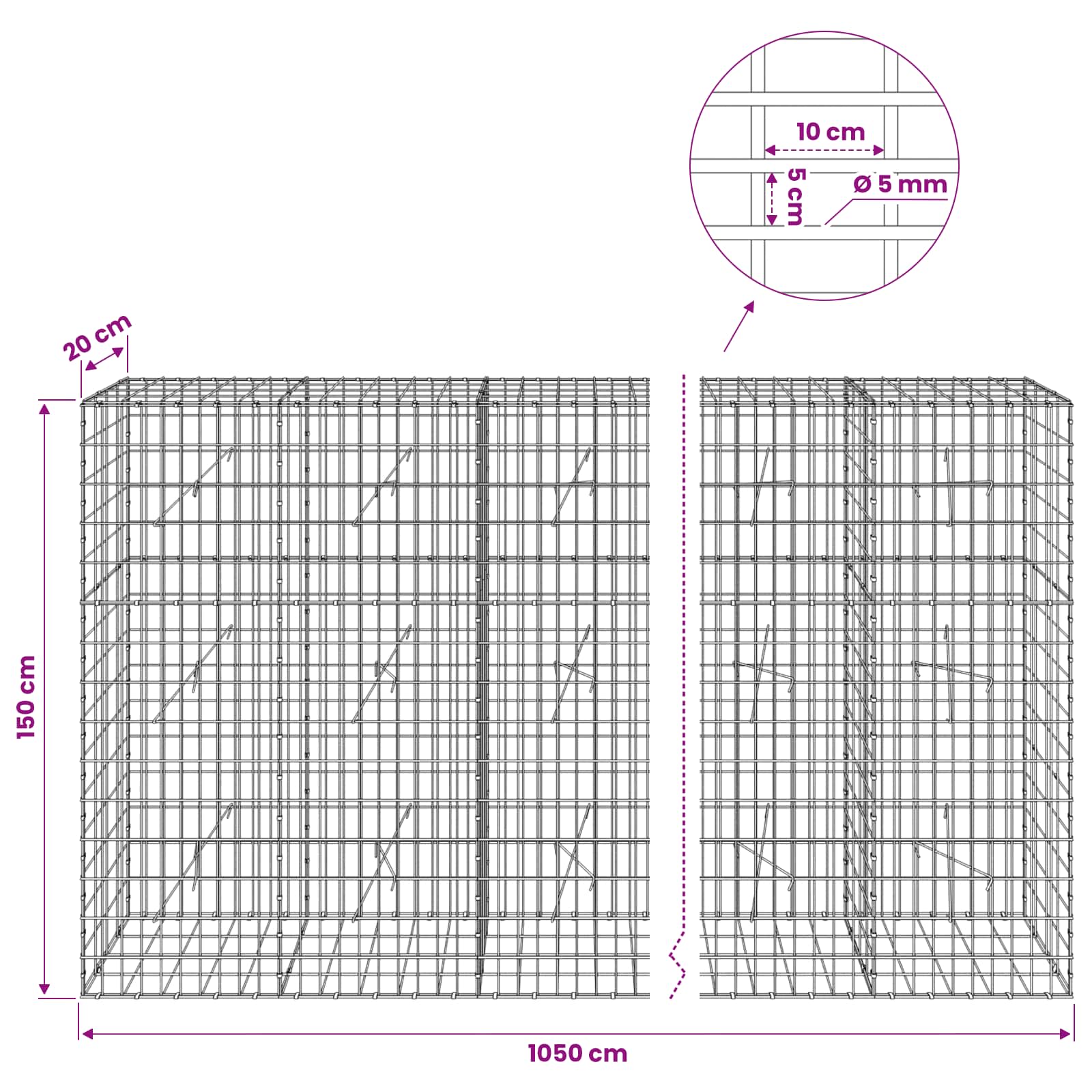 Gabion z žico 5 mm in mrežo 5x10 cm 1050x20x150 cm