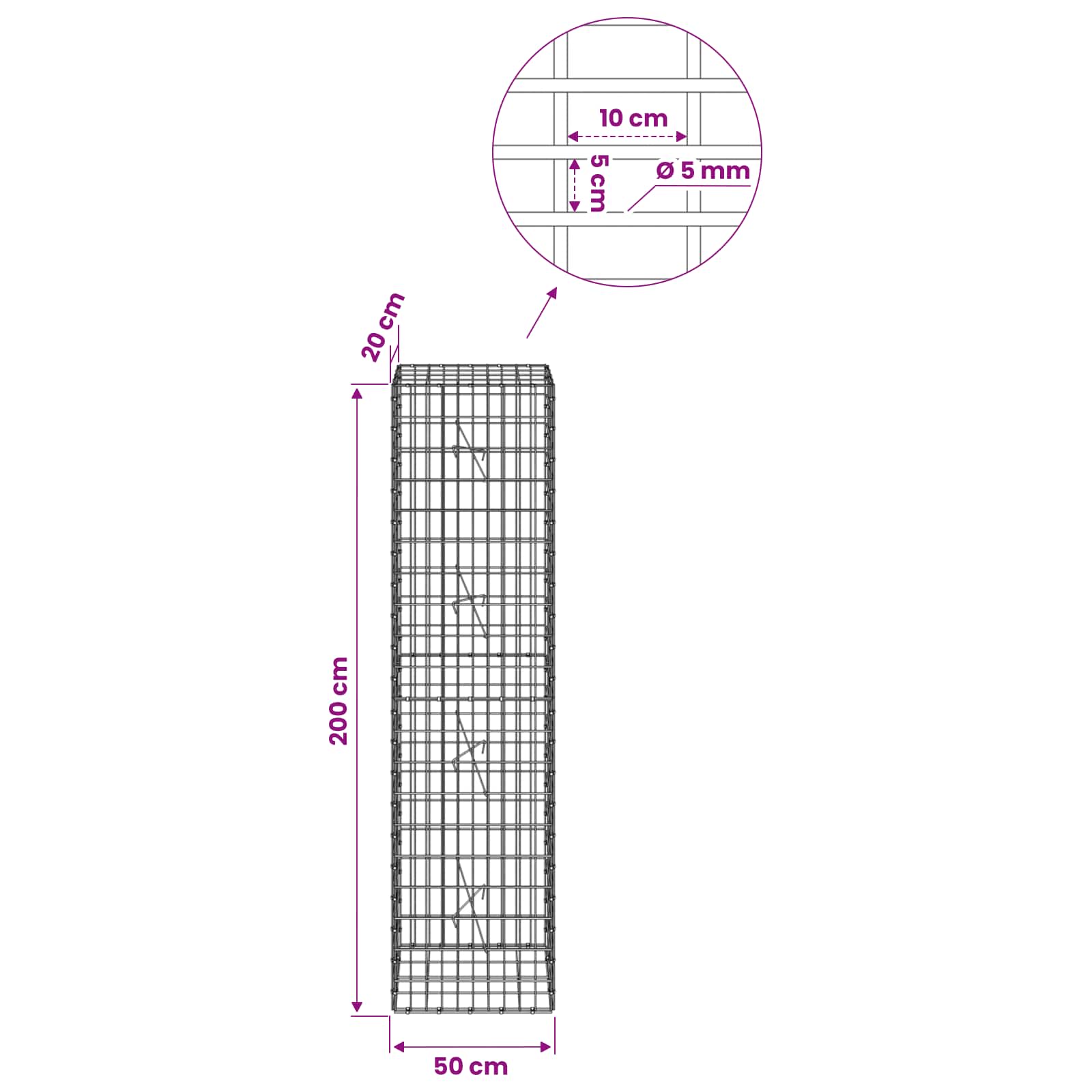 Gabion z žico 5 mm in mrežo 5x10 cm 50x20x200 cm