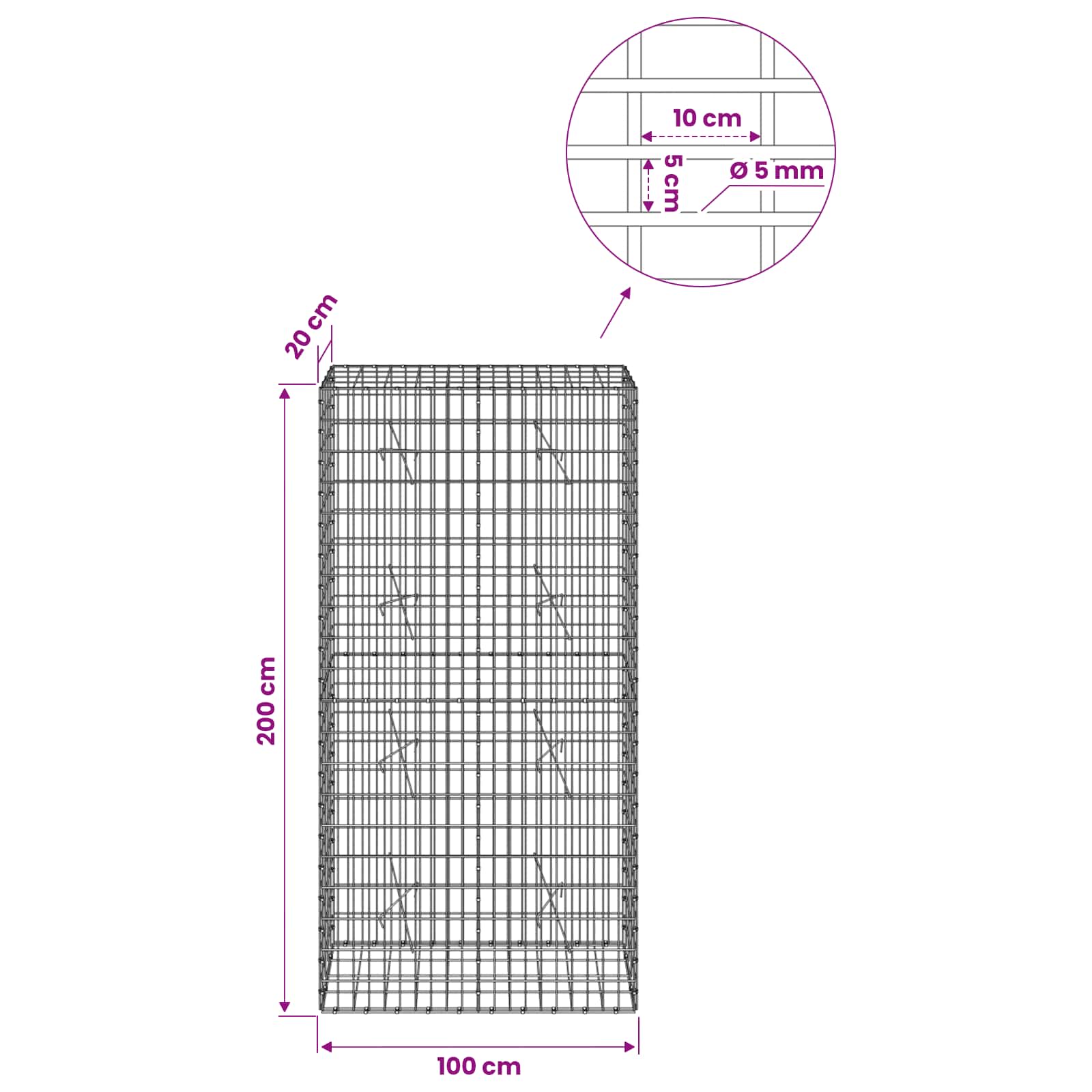 Gabion z žico 5 mm in mrežo 5x10 cm 100x20x200 cm