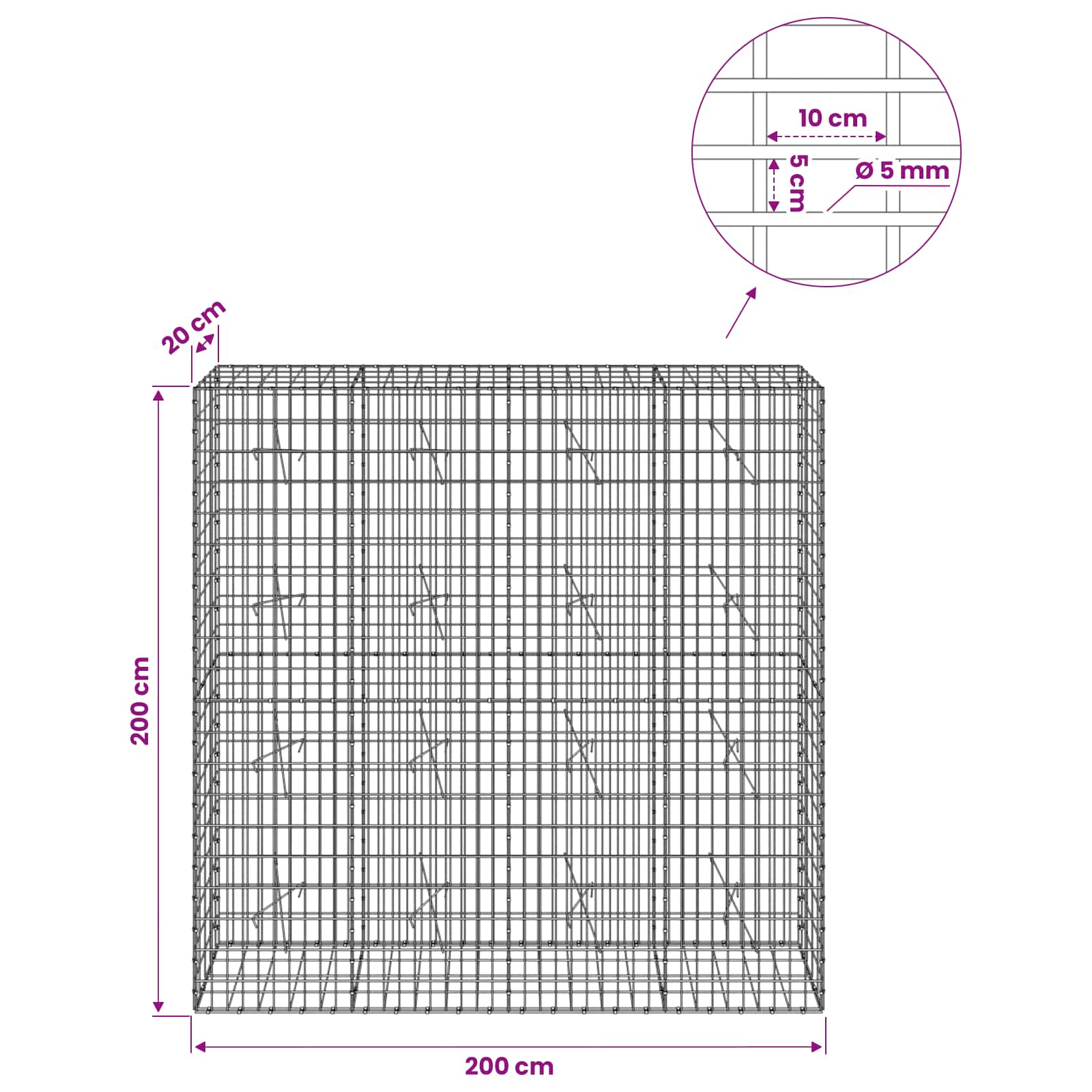 Gabion z žico 5 mm in mrežo 5x10 cm 200x20x200 cm