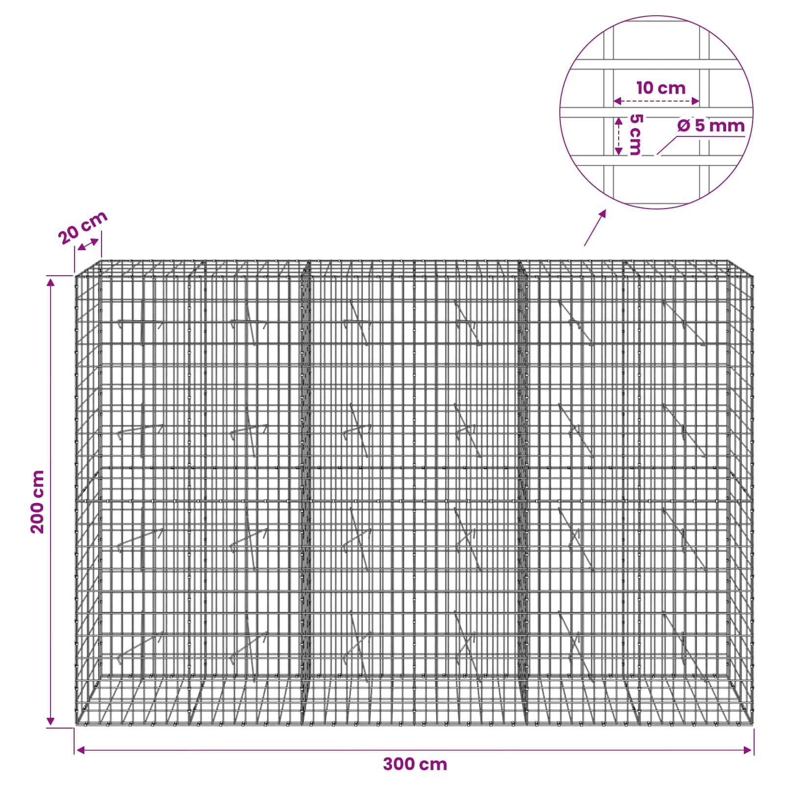 Gabion z žico 5 mm in mrežo 5x10 cm 300x20x200 cm