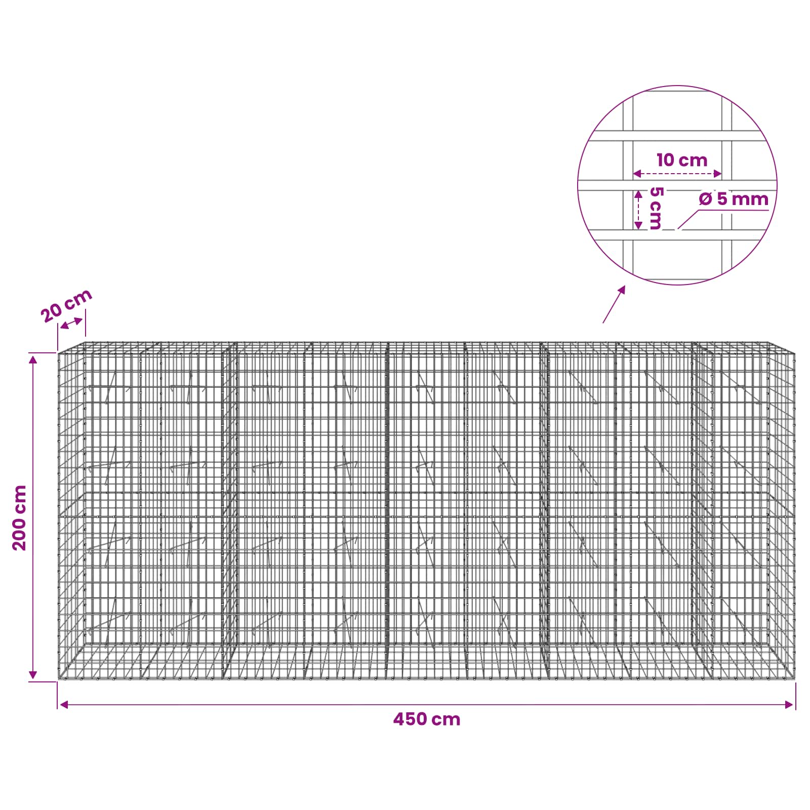 Gabion z žico 5 mm in mrežo 5x10 cm 450x20x200 cm