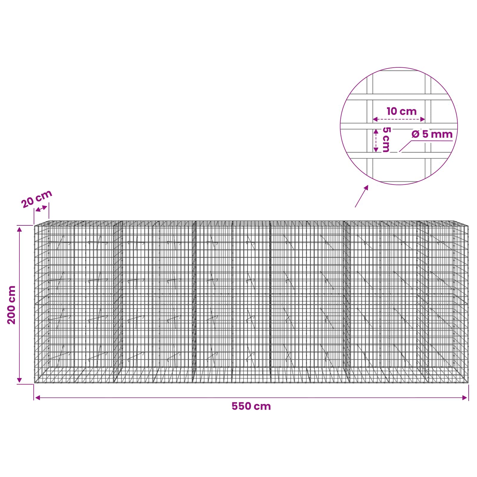 Gabion z žico 5 mm in mrežo 5x10 cm 550x20x200 cm