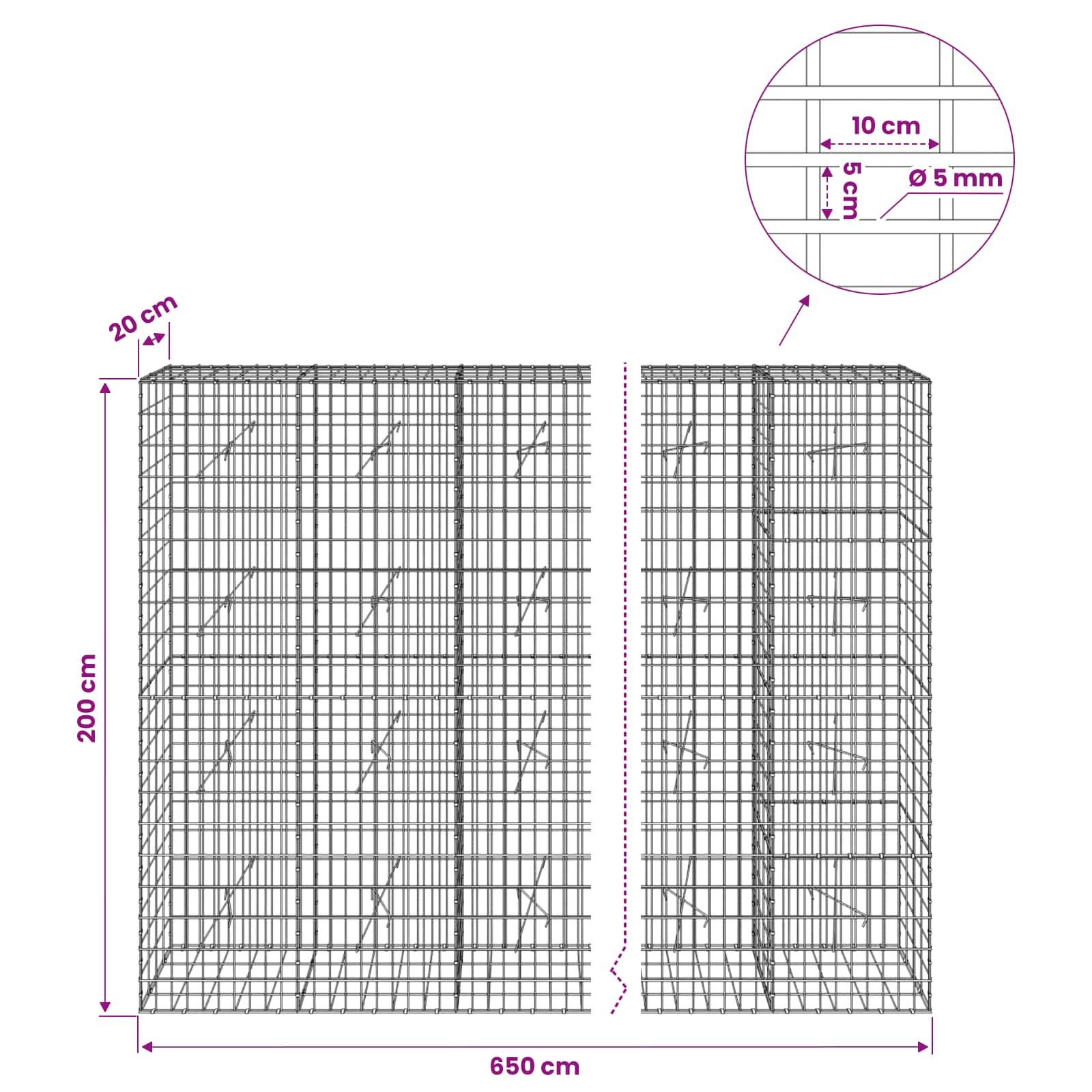 Gabion z žico 5 mm in mrežo 5x10 cm 650x20x200 cm