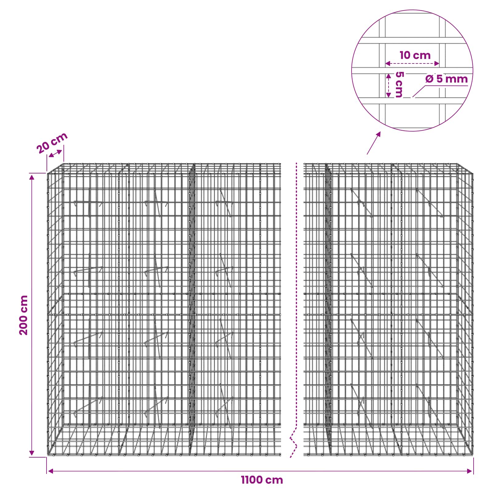 Gabion z žico 5 mm in mrežo 5x10 cm 1100x20x200 cm