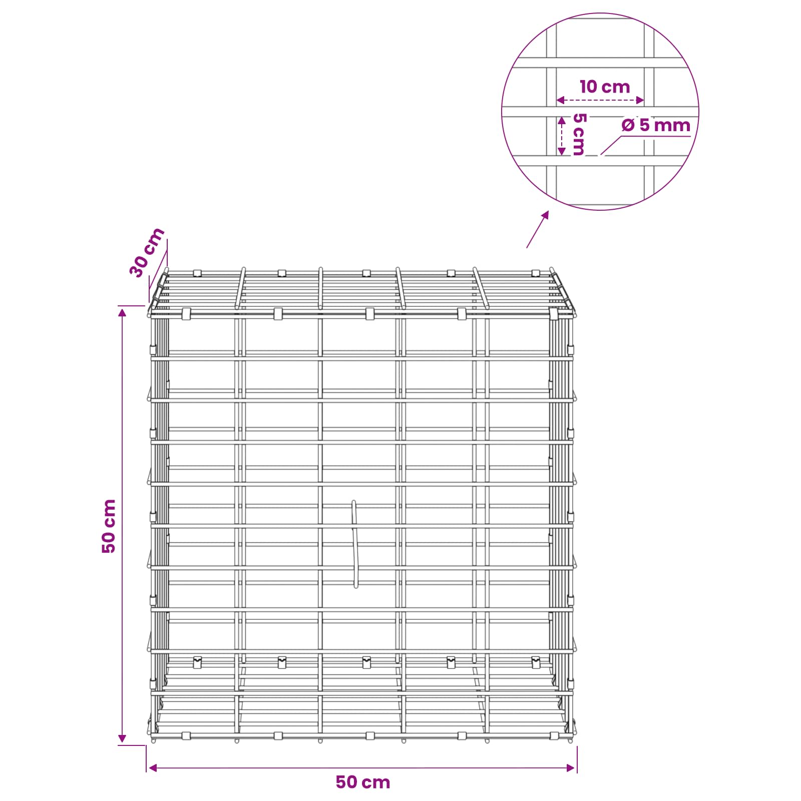 Gabion z žico 5 mm in mrežo 5x10 cm 50x30x50 cm Pocinkano jeklo