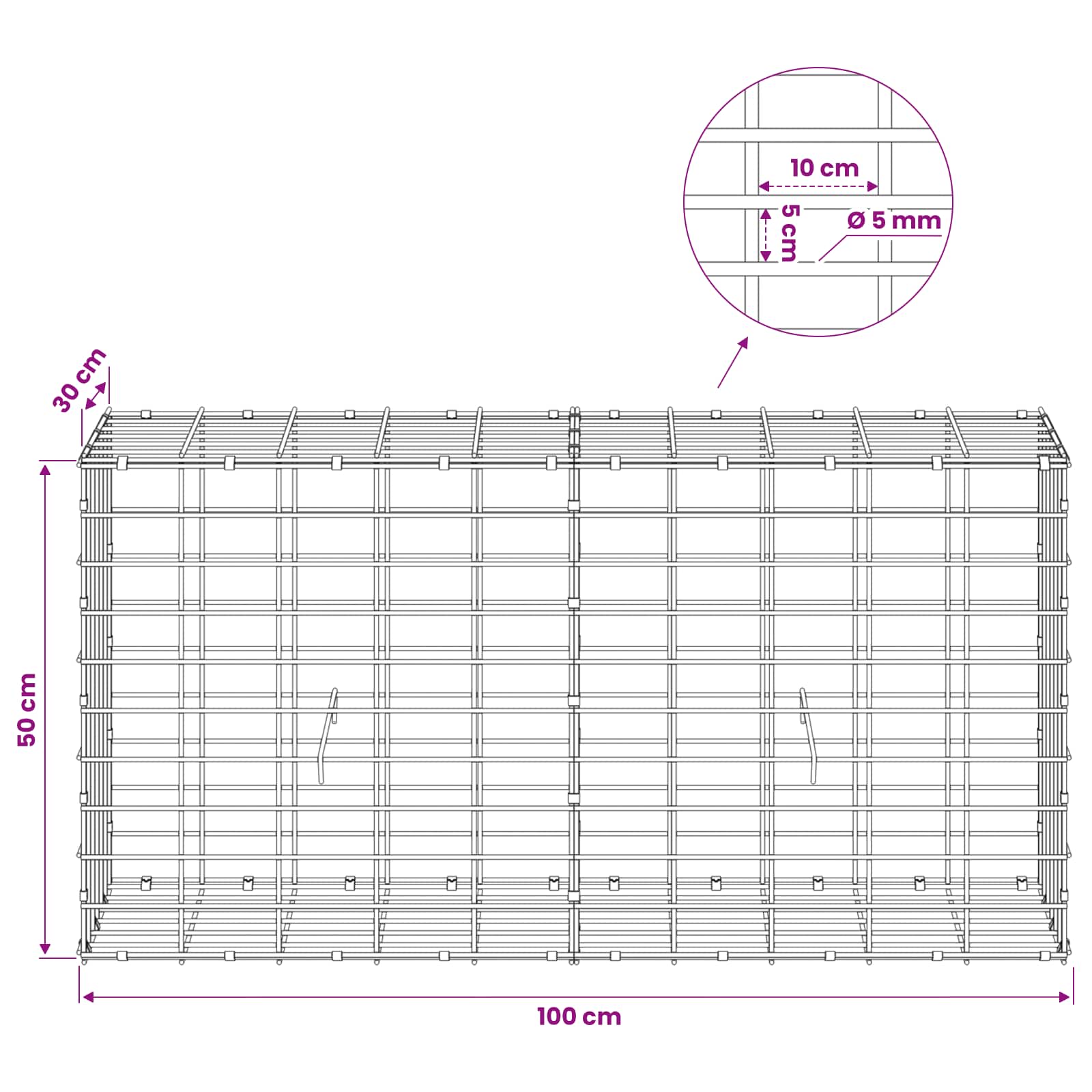 Gabion z žico 5 mm in mrežo 5x10 cm 100x30x50 cm