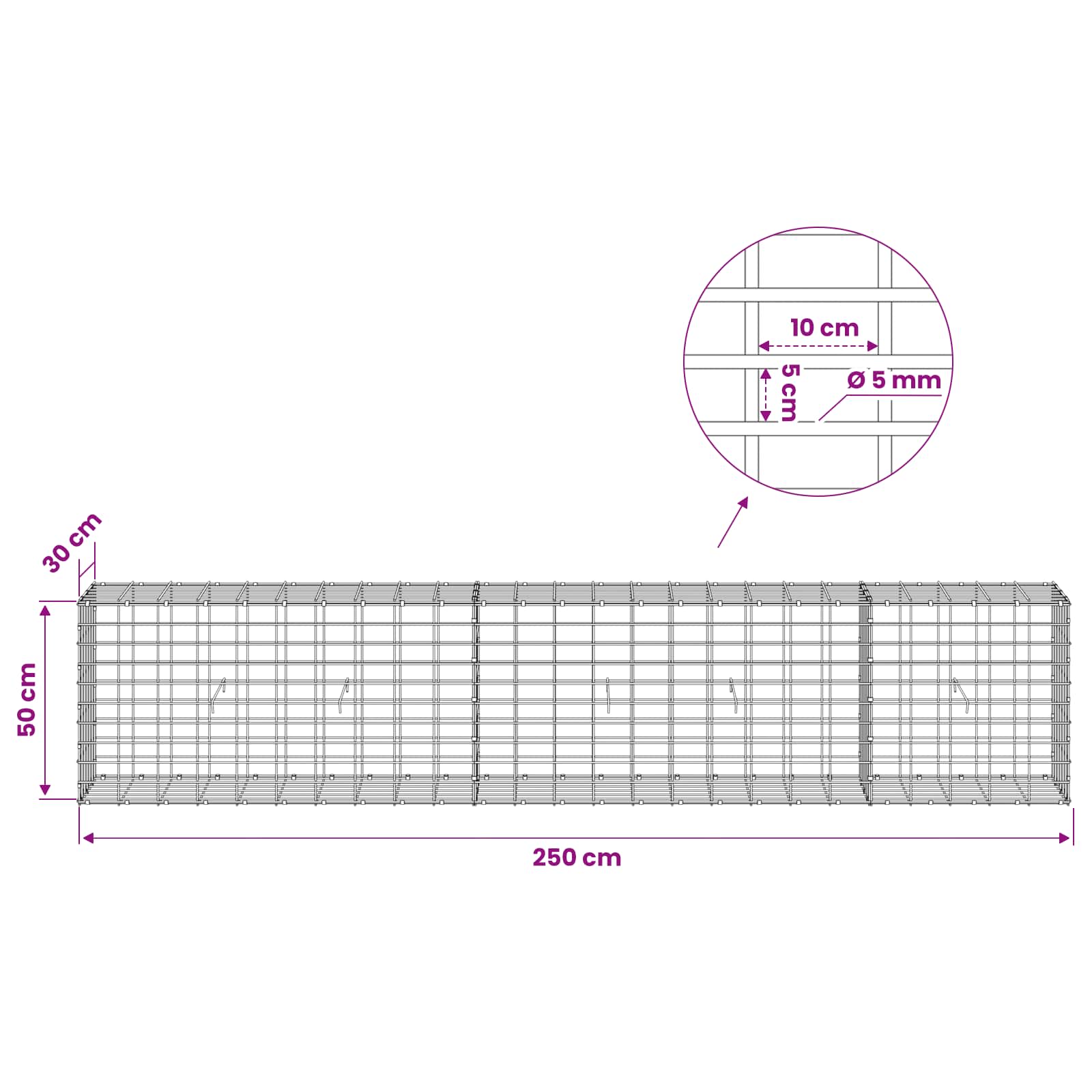 Gabion z žico 5 mm in mrežo 5x10 cm 250x30x50 cm