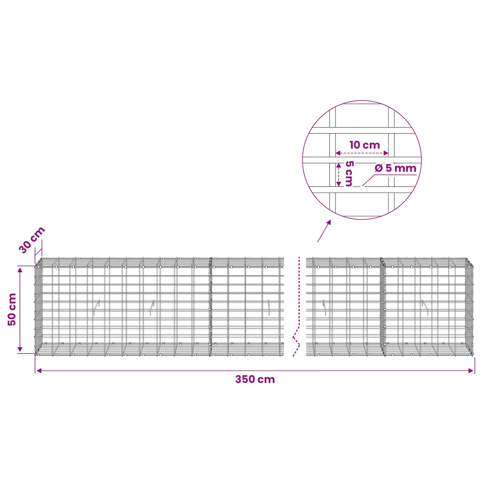 Gabion z žico 5 mm in mrežo 5x10 cm 350x30x50 cm