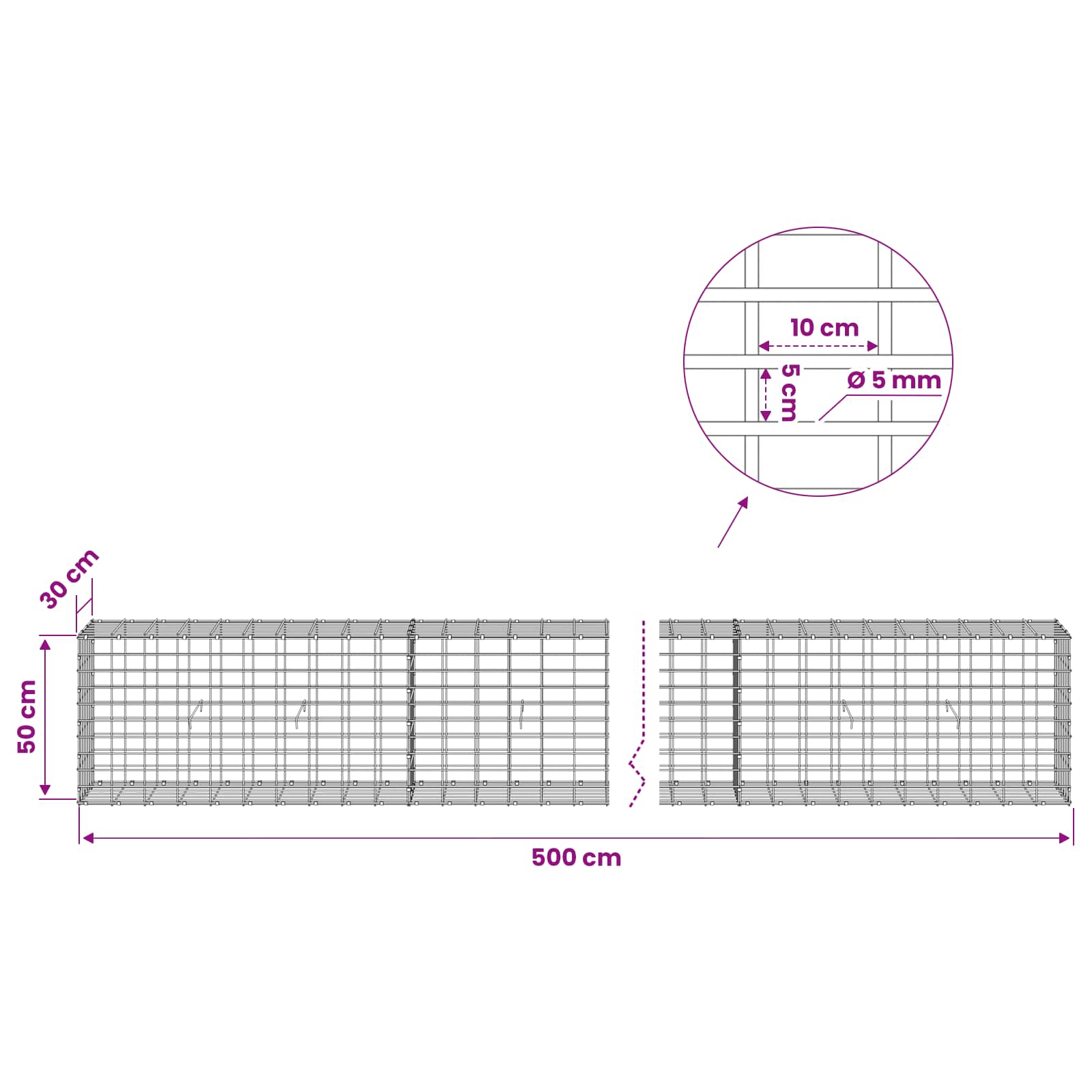 Gabion z žico 5 mm in mrežo 5x10 cm 500x30x50 cm