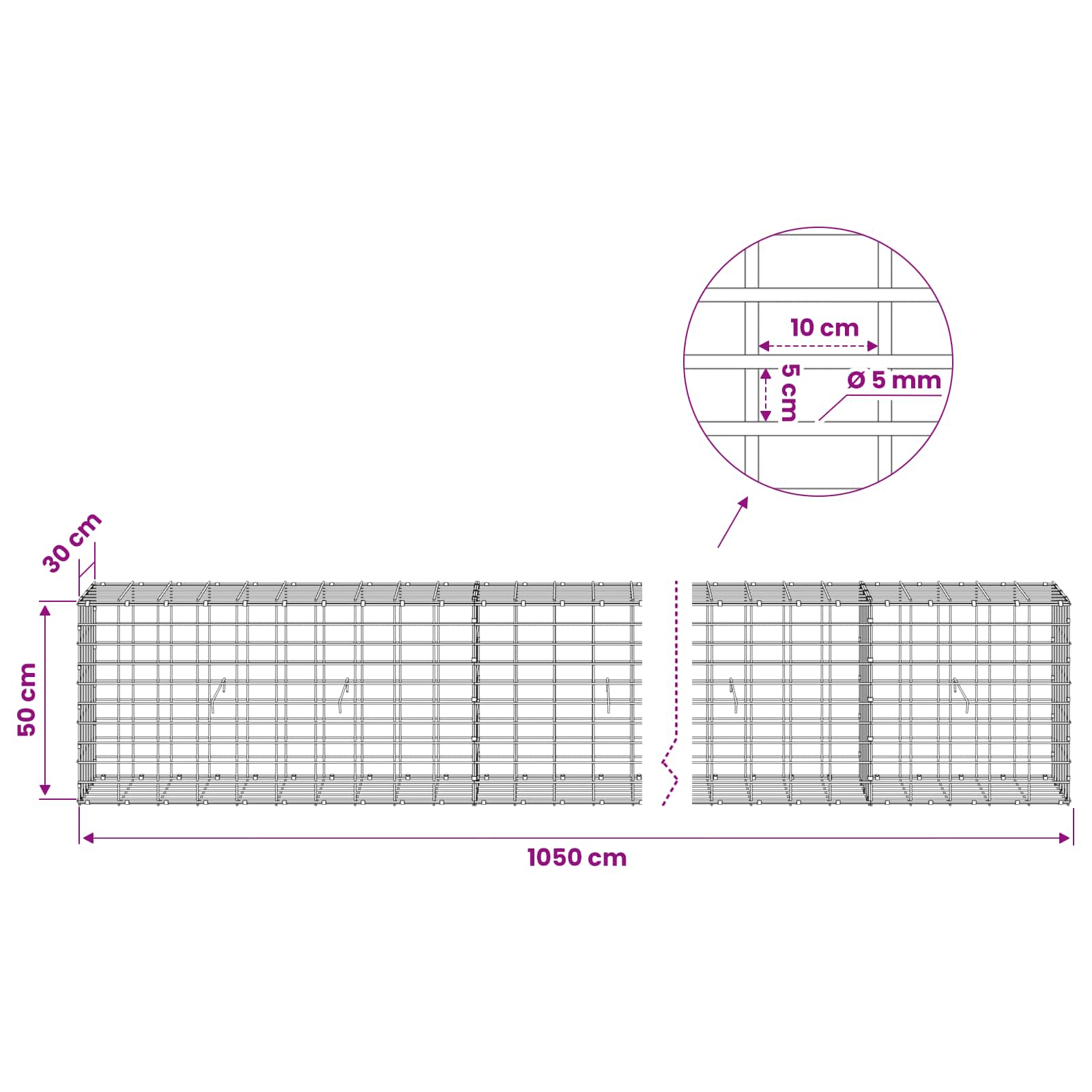 Gabion z žico 5 mm in mrežo 5x10 cm 1050x30x50 cm