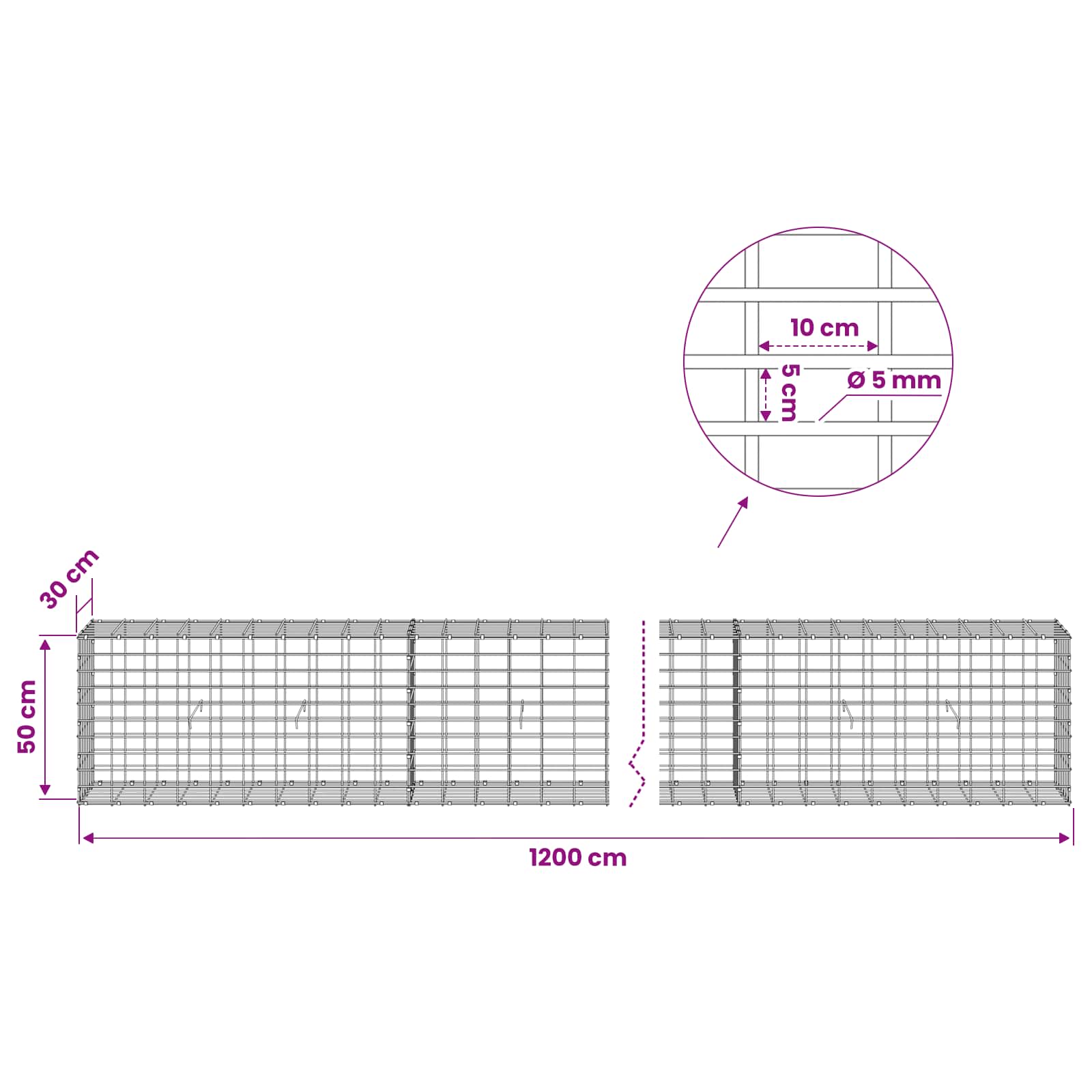 Gabion z žico 5 mm in mrežo 5x10 cm 1200x30x50 cm