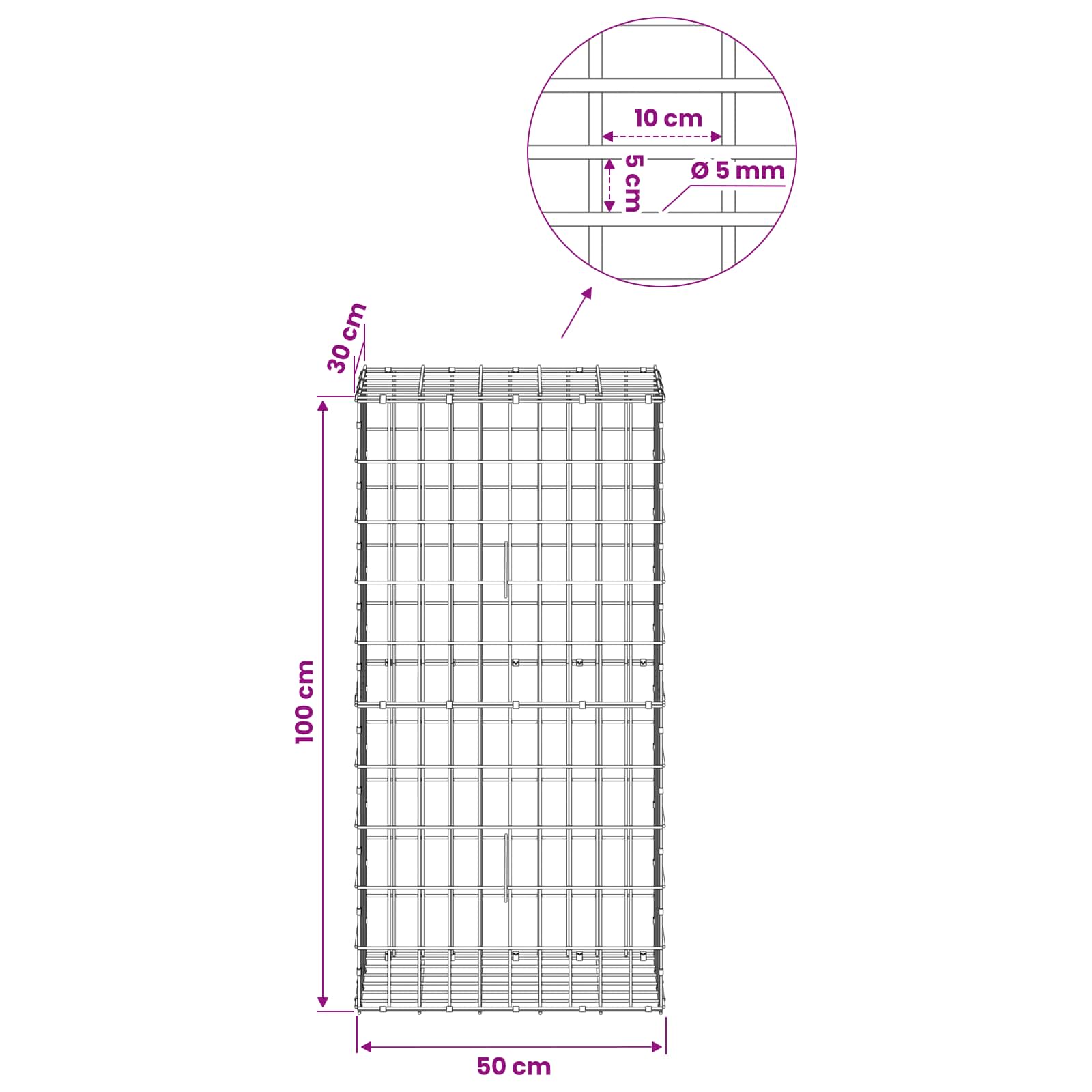 Gabion z žico 5 mm in mrežo 5x10 cm 50x30x100 cm