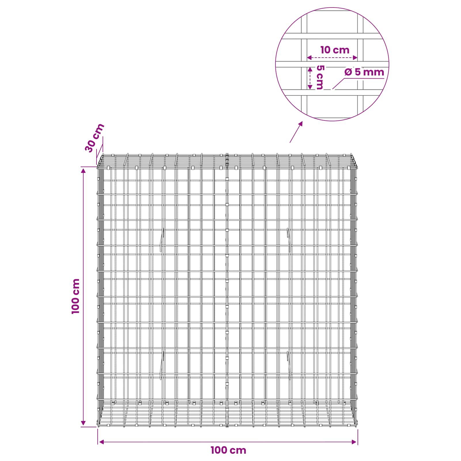 Gabion z žico 5 mm in mrežo 5x10 cm 100x30x100 cm