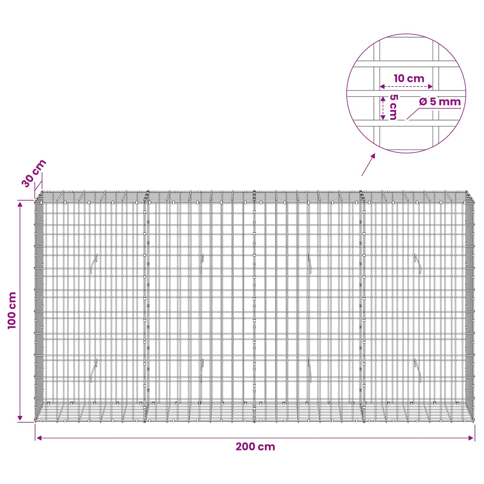Gabion z žico 5 mm in mrežo 5x10 cm 200x30x100 cm