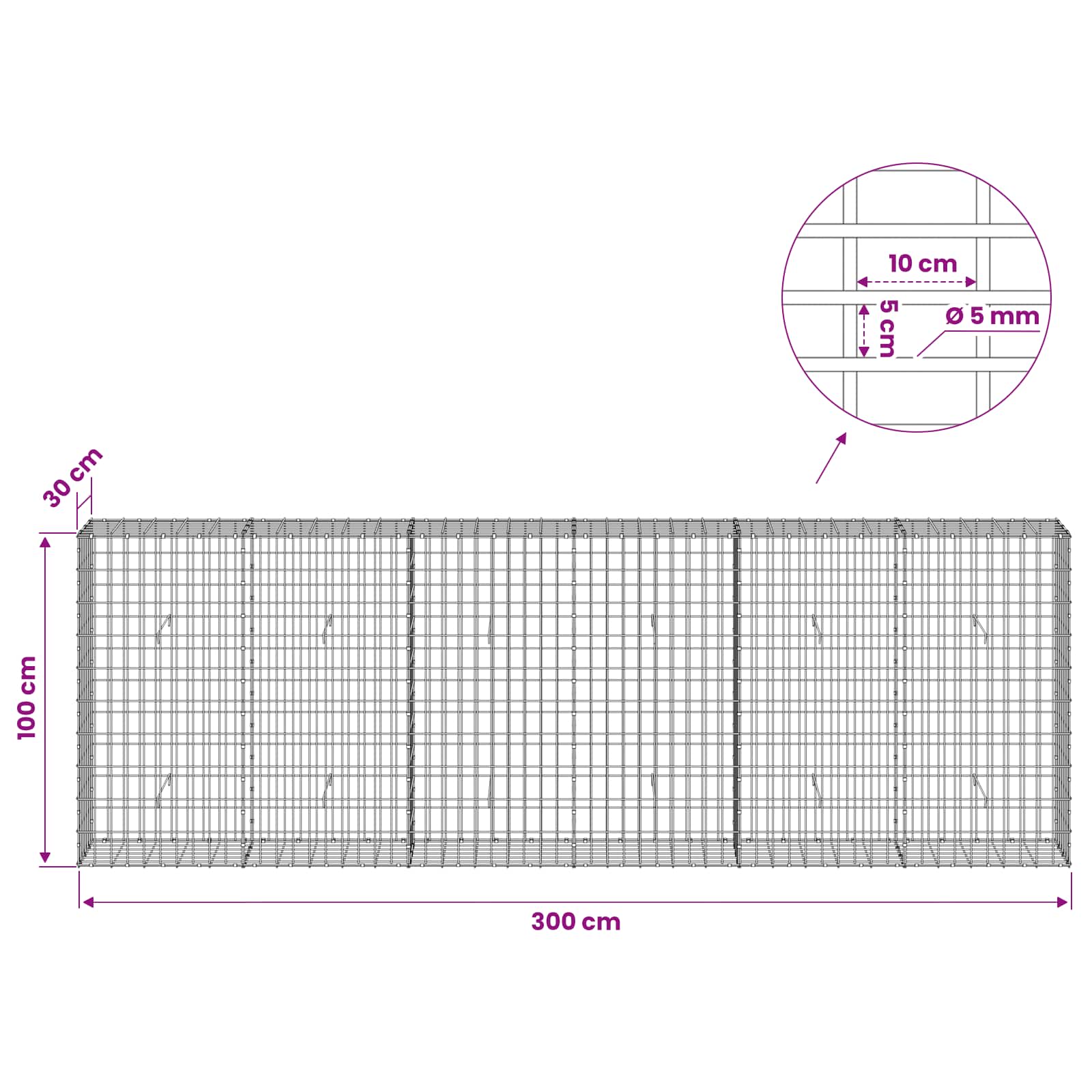 Gabion z žico 5 mm in mrežo 5x10 cm 300x30x100 cm