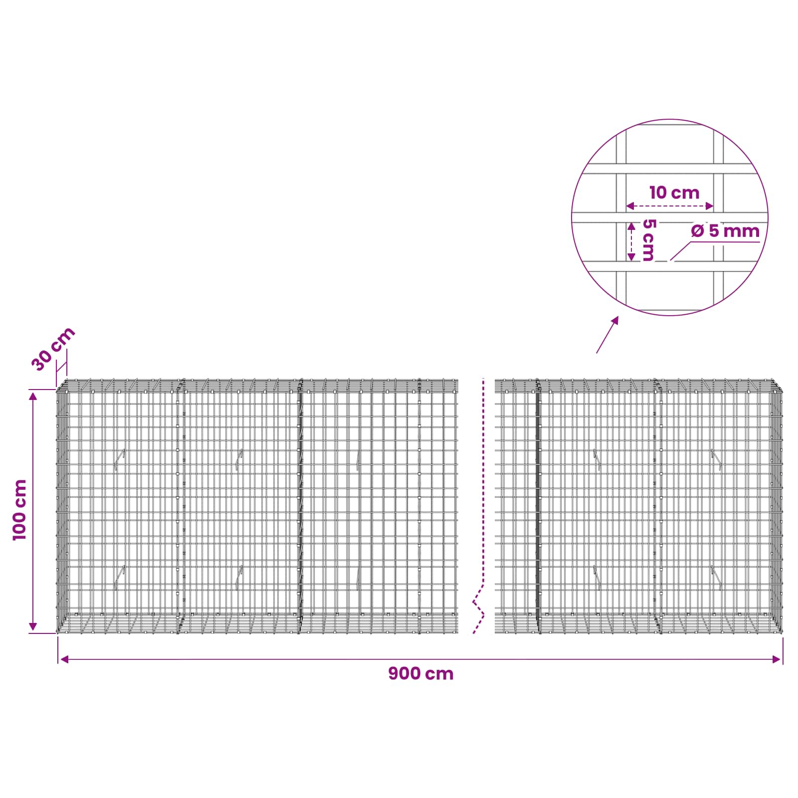 Gabion z žico 5 mm in mrežo 5x10 cm 900x30x100 cm