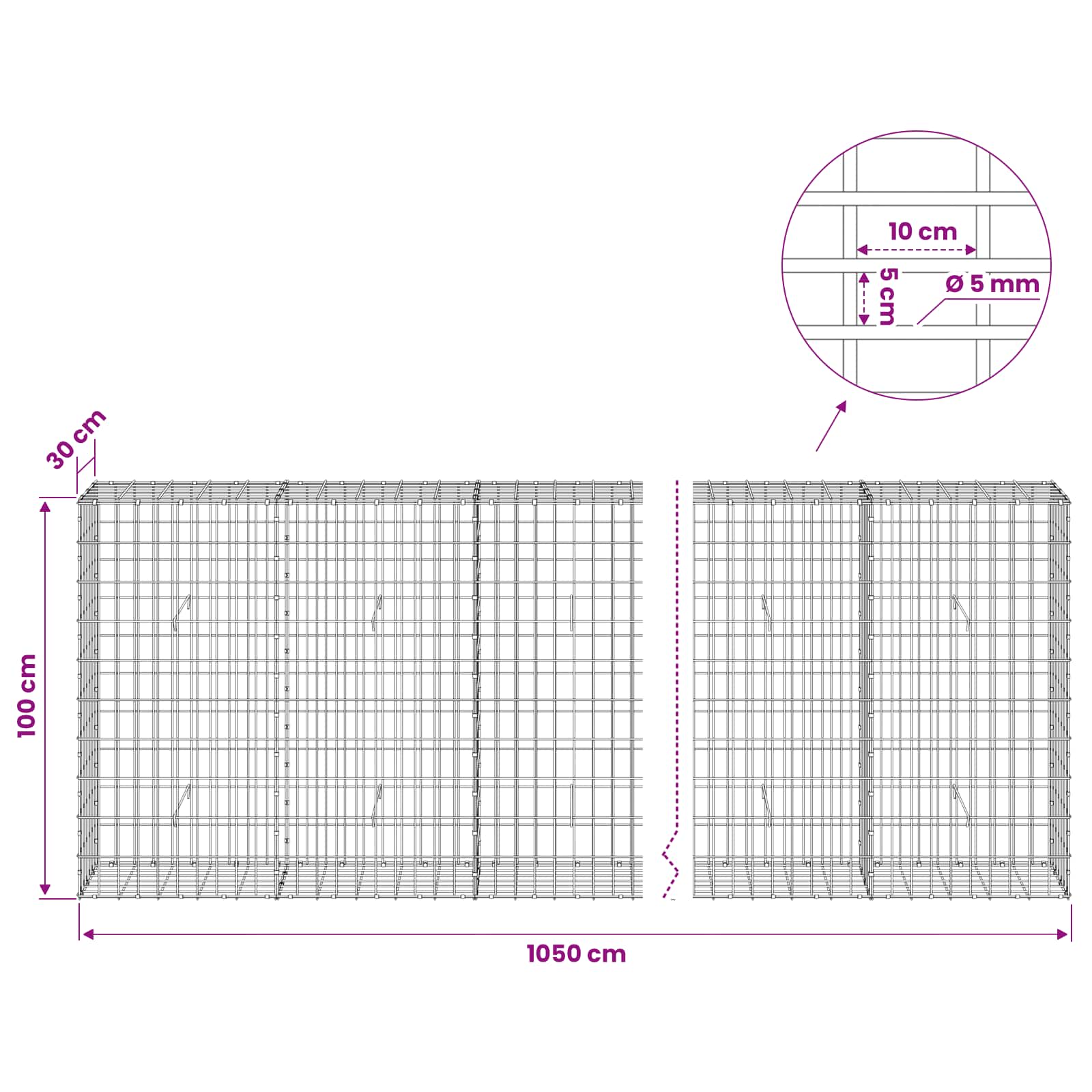Gabion z žico 5 mm in mrežo 5x10 cm 1050x30x100 cm