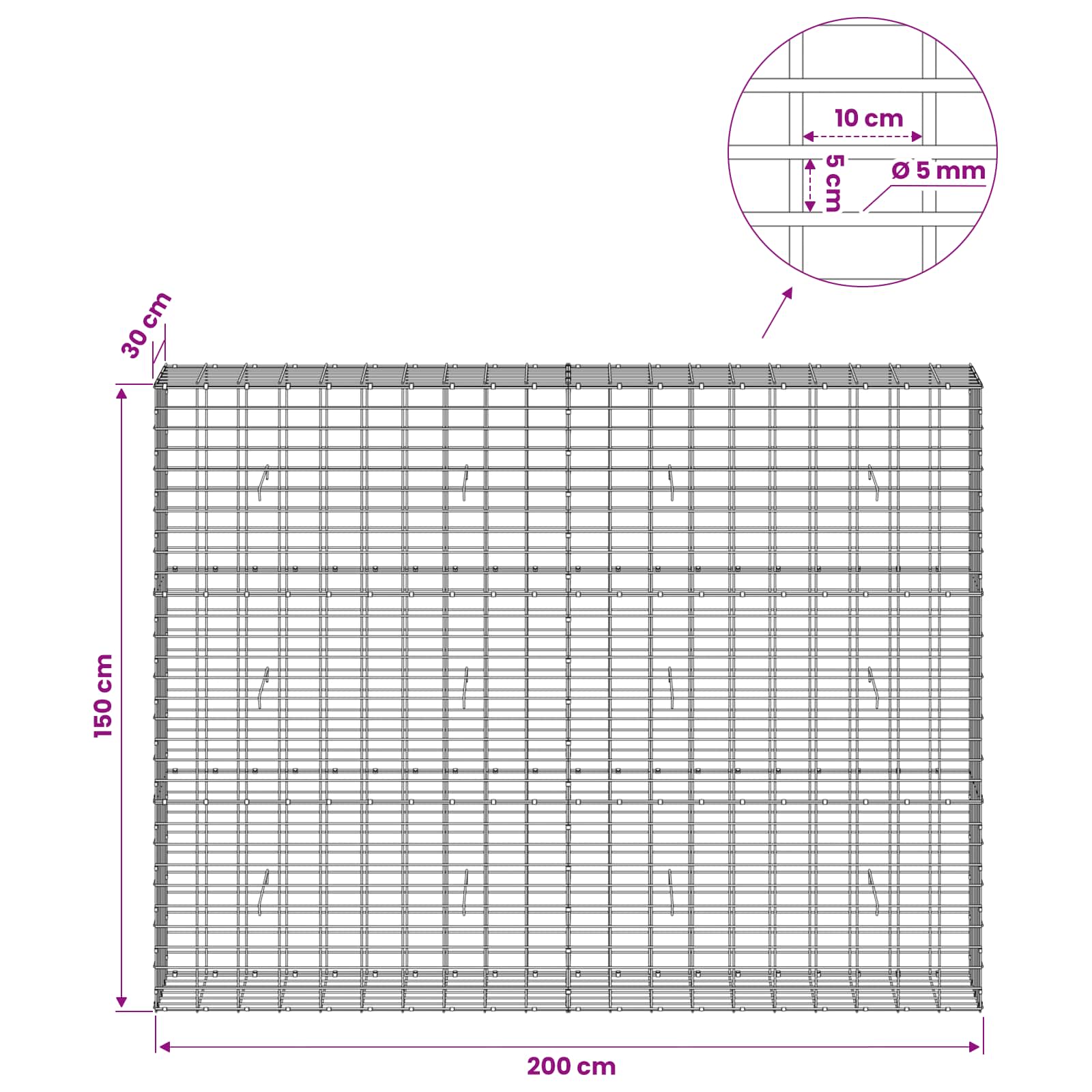 Gabion z žico 5 mm in mrežo 5x10 cm 200x30x150 cm