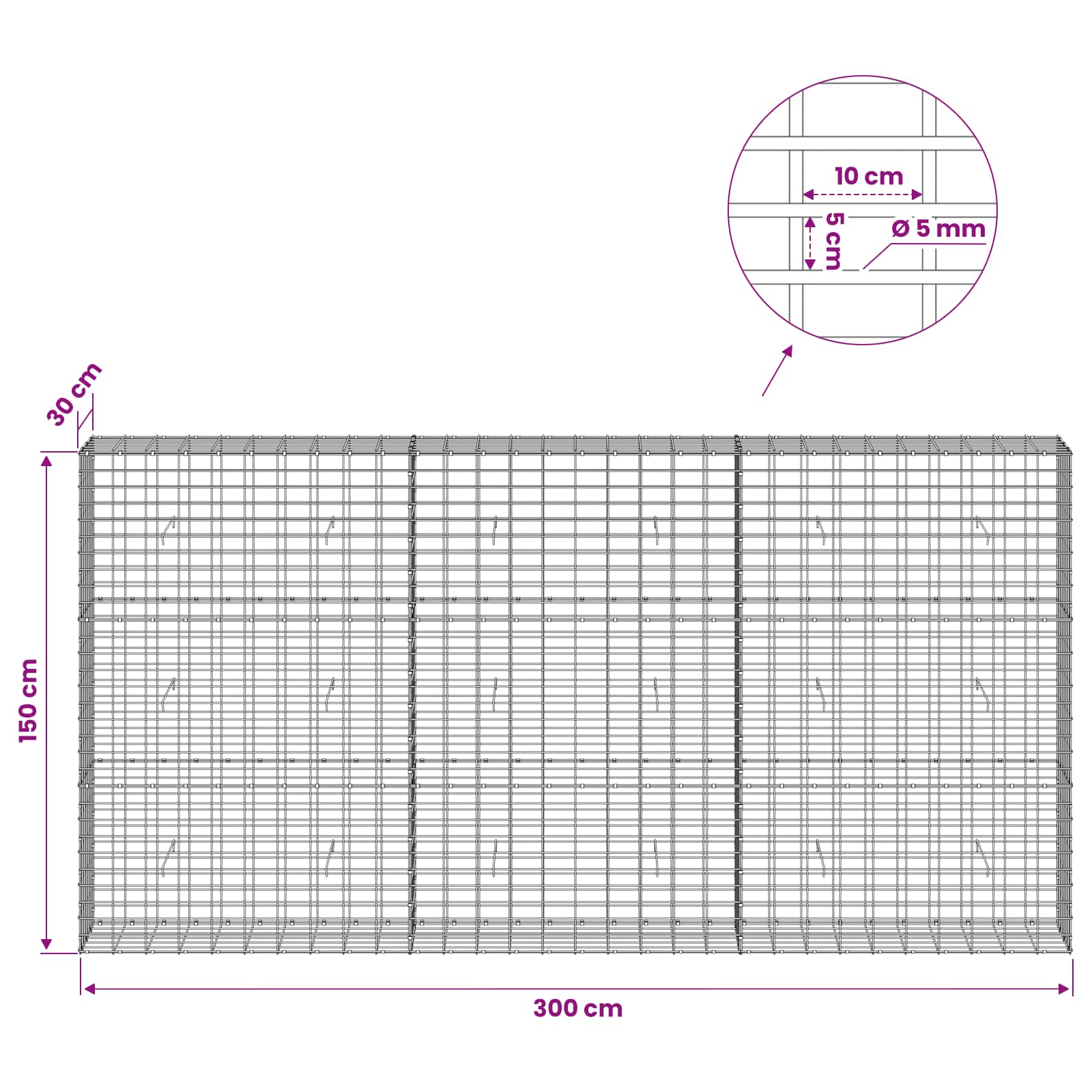 Gabion z žico 5 mm in mrežo 5x10 cm 300x30x150 cm