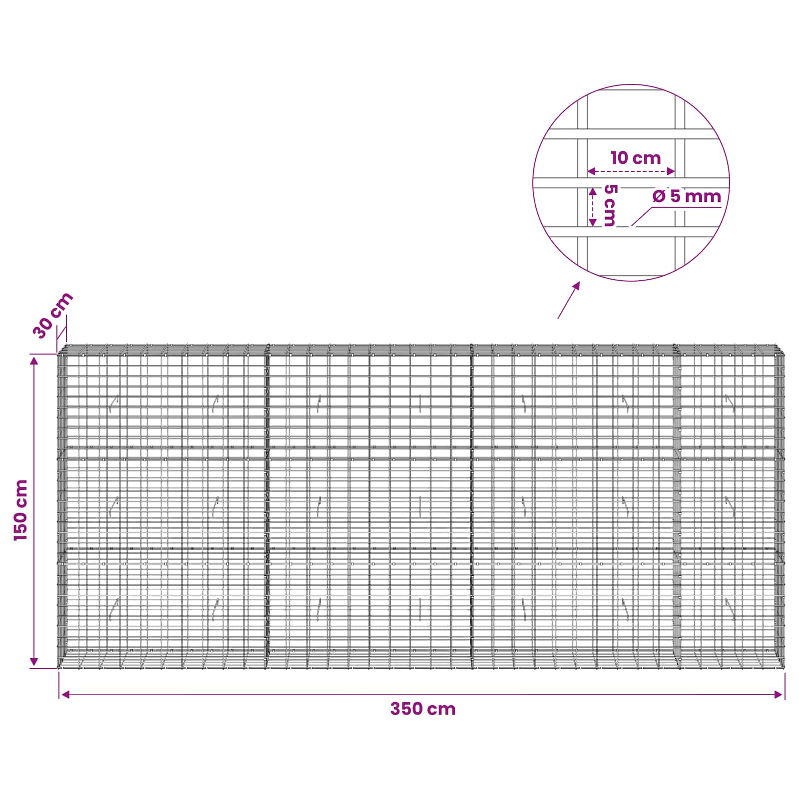 Gabion z žico 5 mm in mrežo 5x10 cm 350x30x150 cm