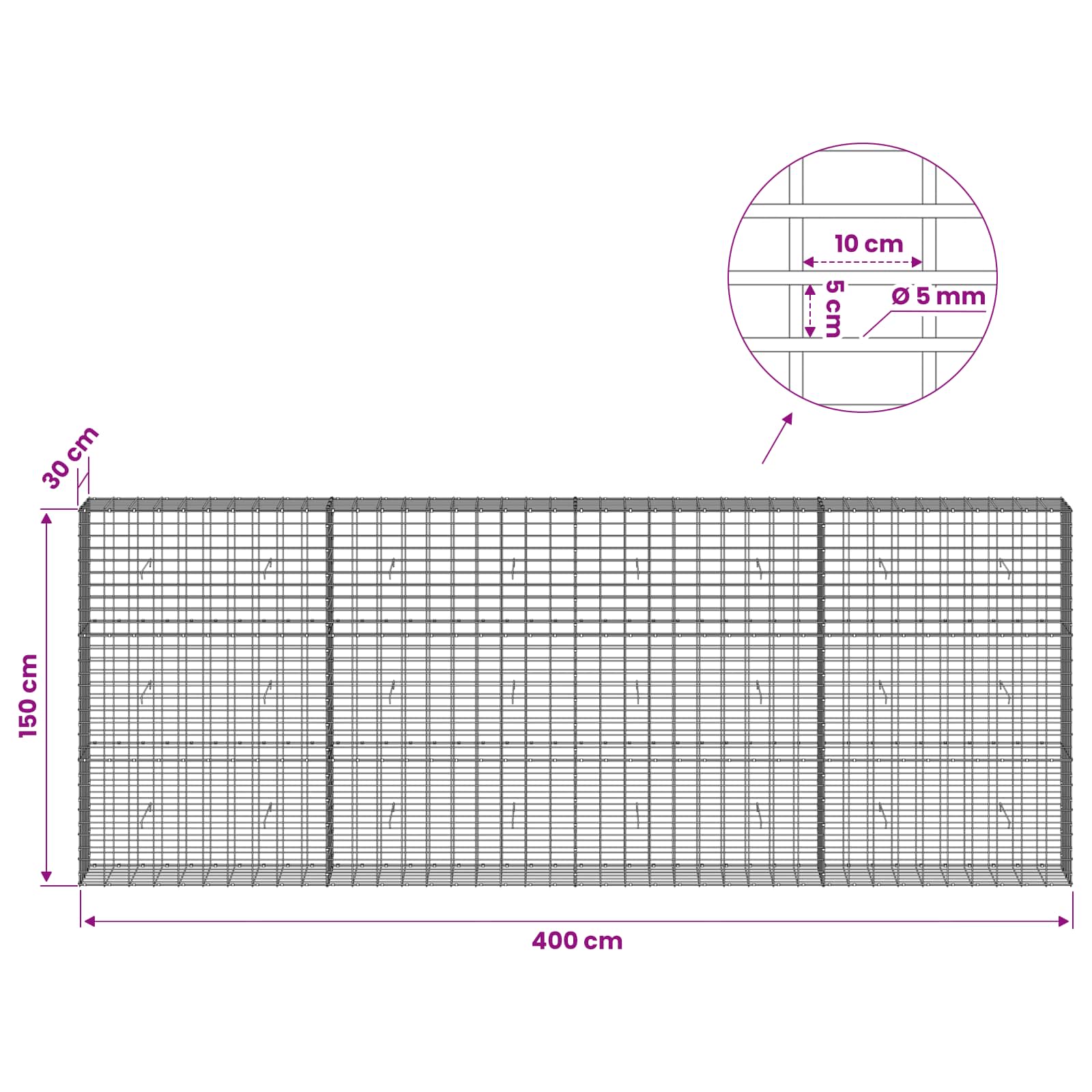 Gabion z žico 5 mm in mrežo 5x10 cm 400x30x150 cm