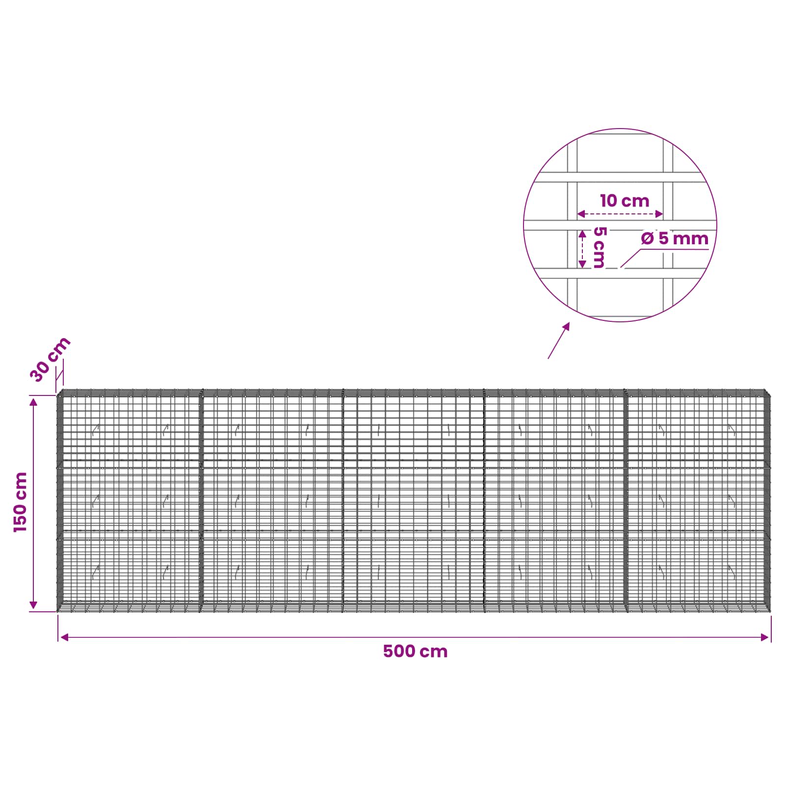 Gabion z žico 5 mm in mrežo 5x10 cm 500x30x150 cm