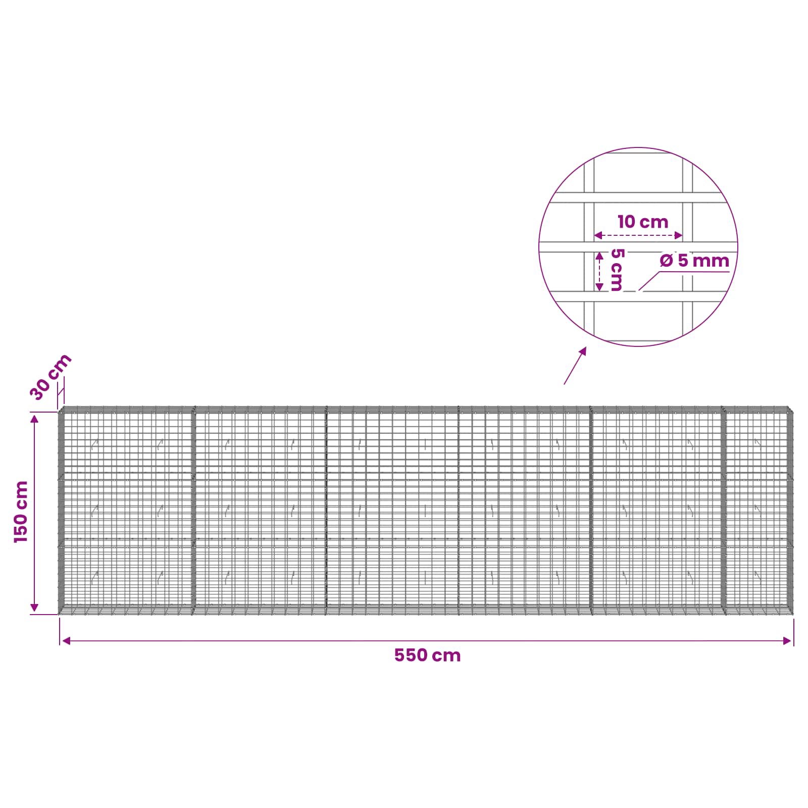 Gabion z žico 5 mm in mrežo 5x10 cm 550x30x150 cm