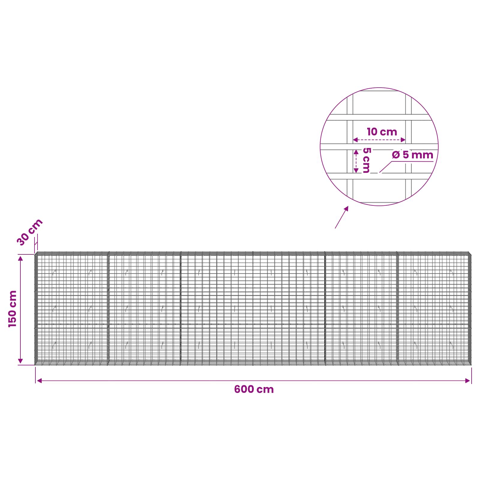 Gabion z žico 5 mm in mrežo 5x10 cm 600x30x150 cm