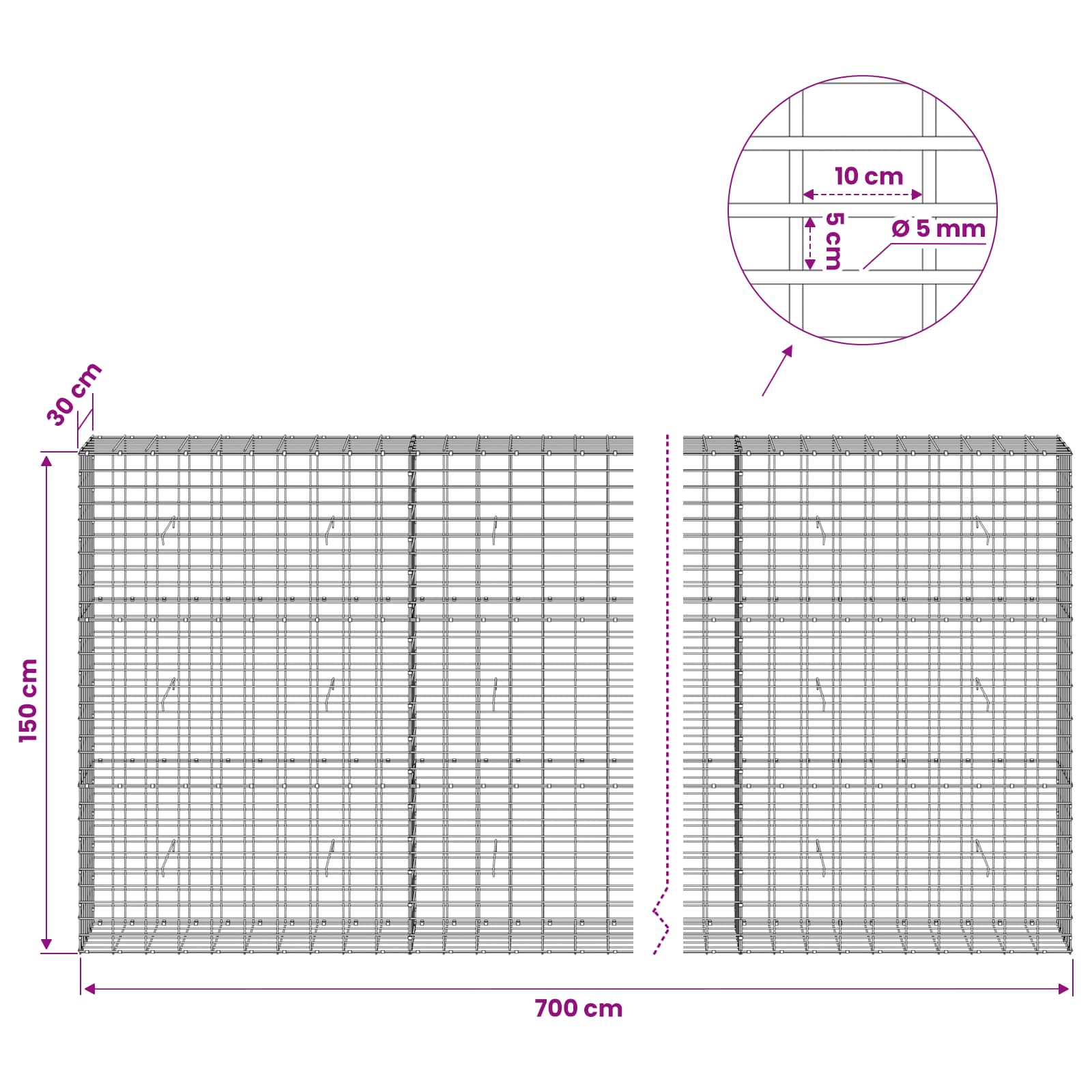 Gabion z žico 5 mm in mrežo 5x10 cm 700x30x150 cm
