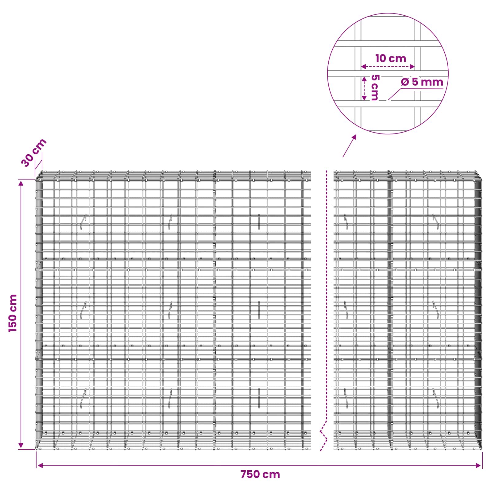 Gabion z žico 5 mm in mrežo 5x10 cm 750x30x150 cm