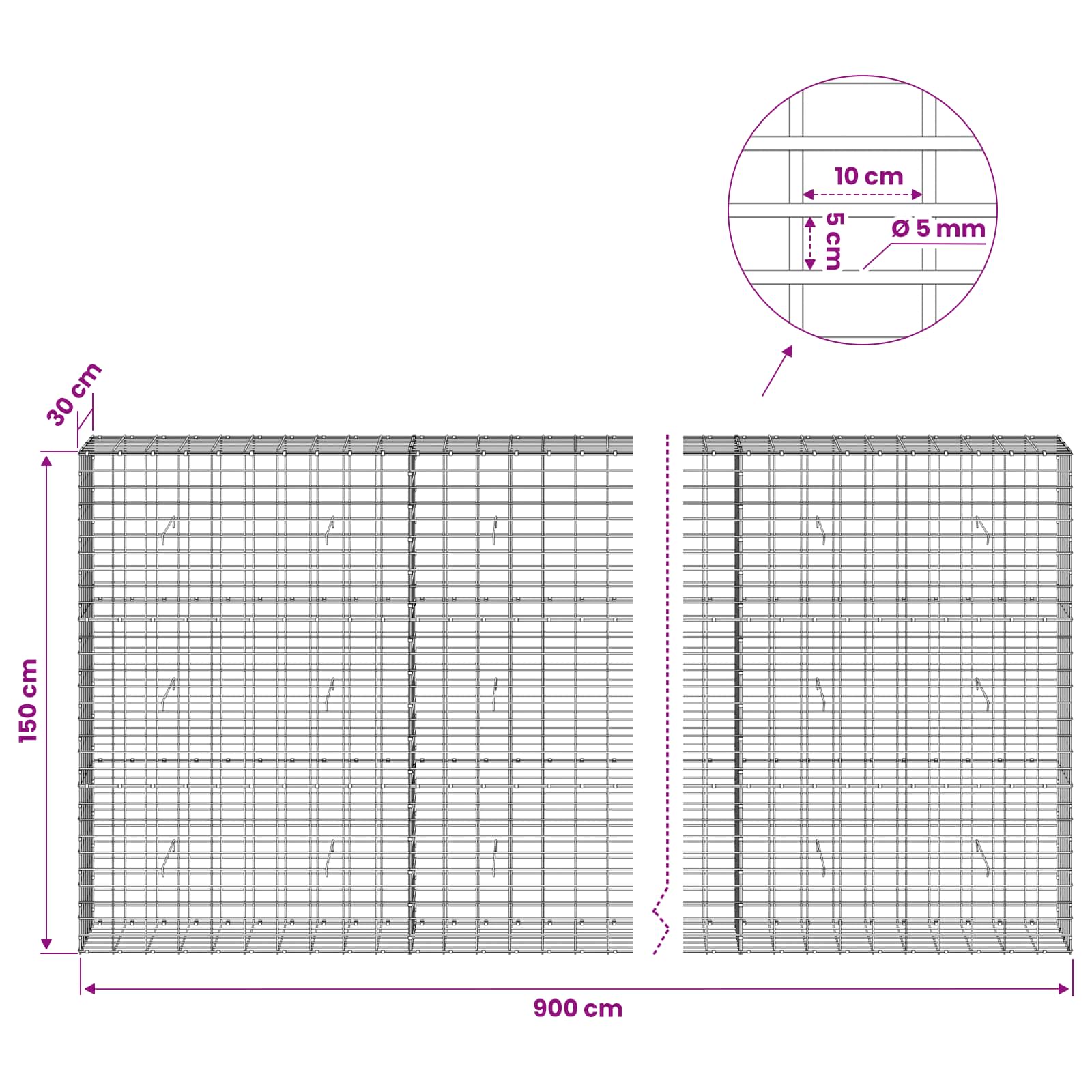 Gabion z žico 5 mm in mrežo 5x10 cm 900x30x150 cm