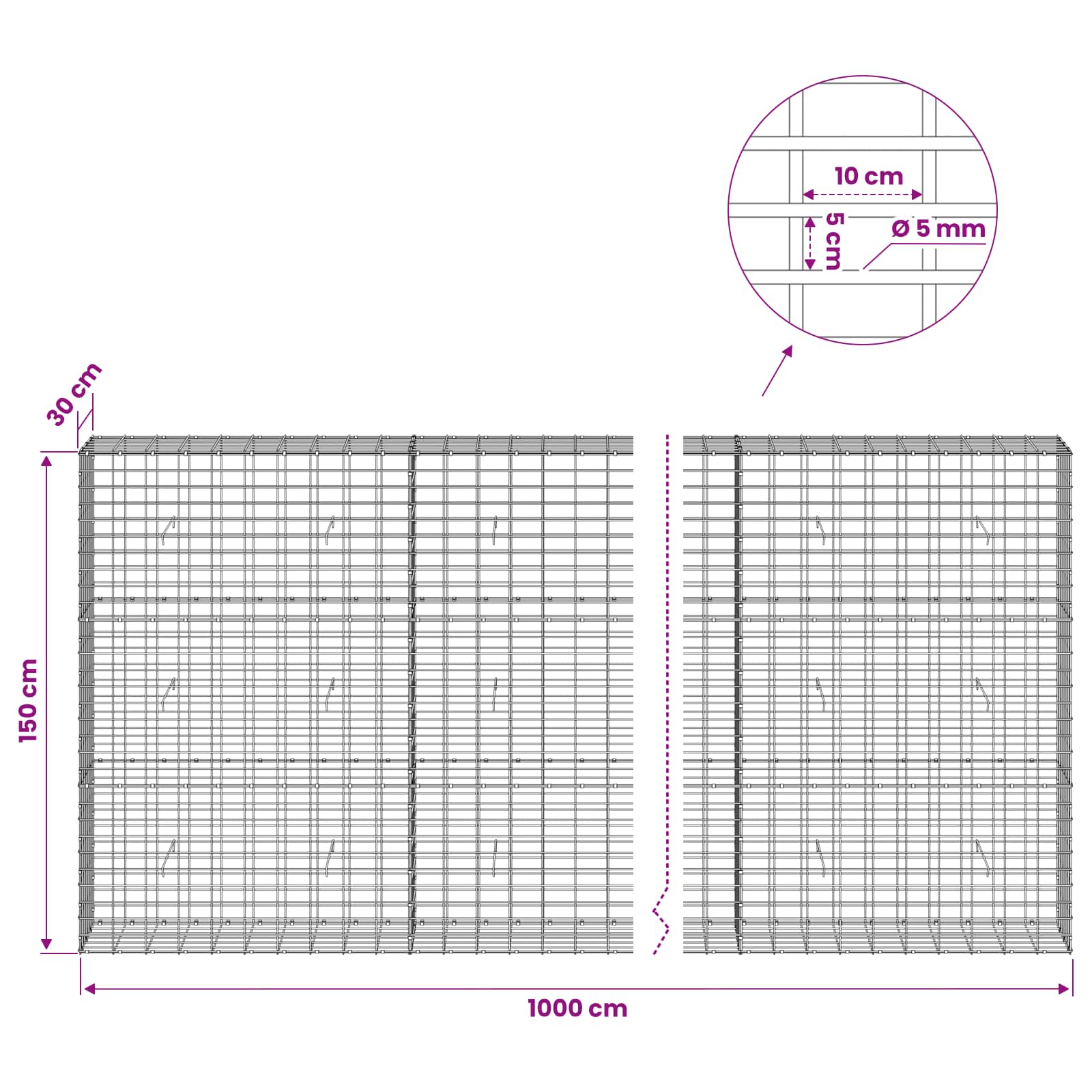 Gabion z žico 5 mm in mrežo 5x10 cm 1000x30x150 cm