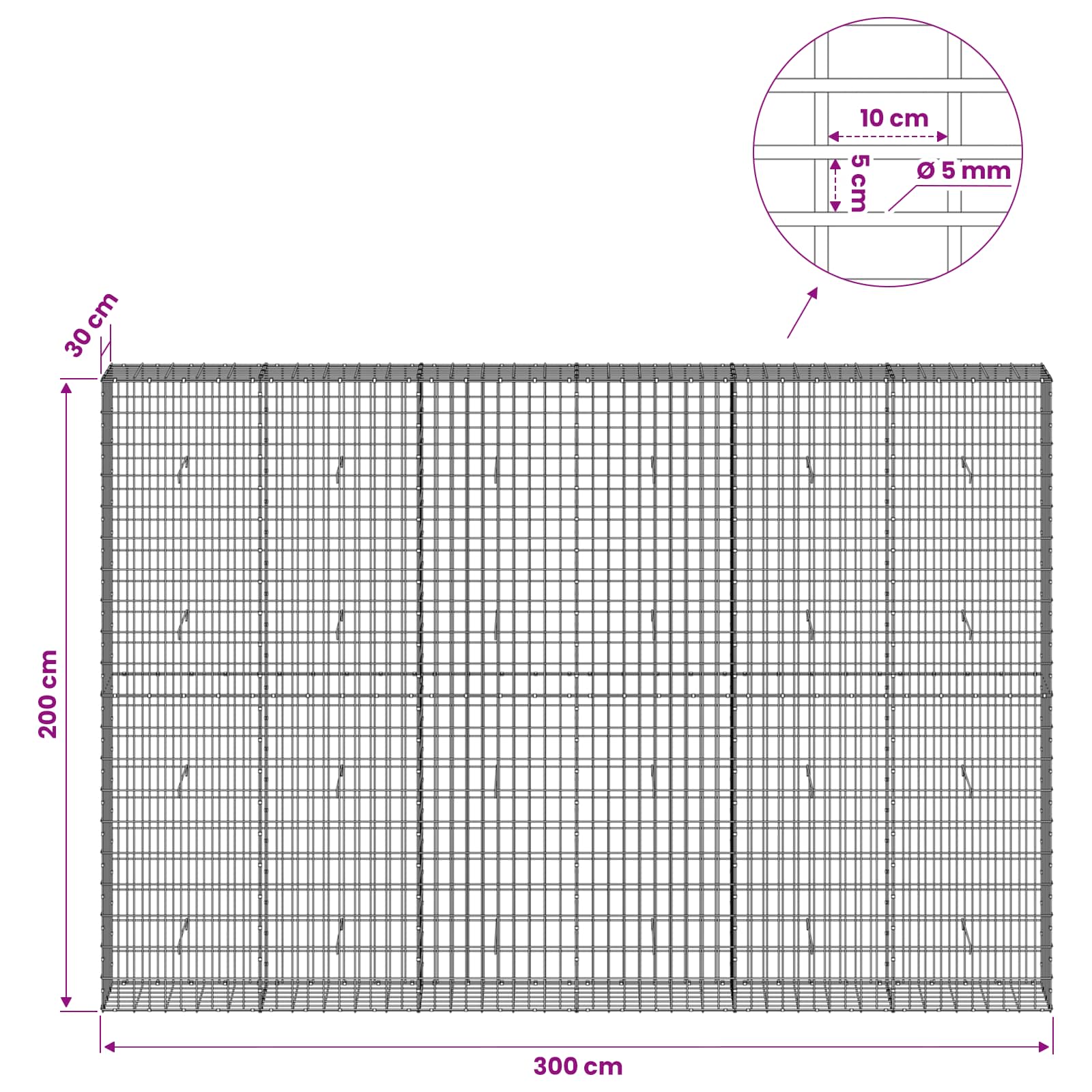Gabion z žico 5 mm in mrežo 5x10 cm 300x30x200 cm