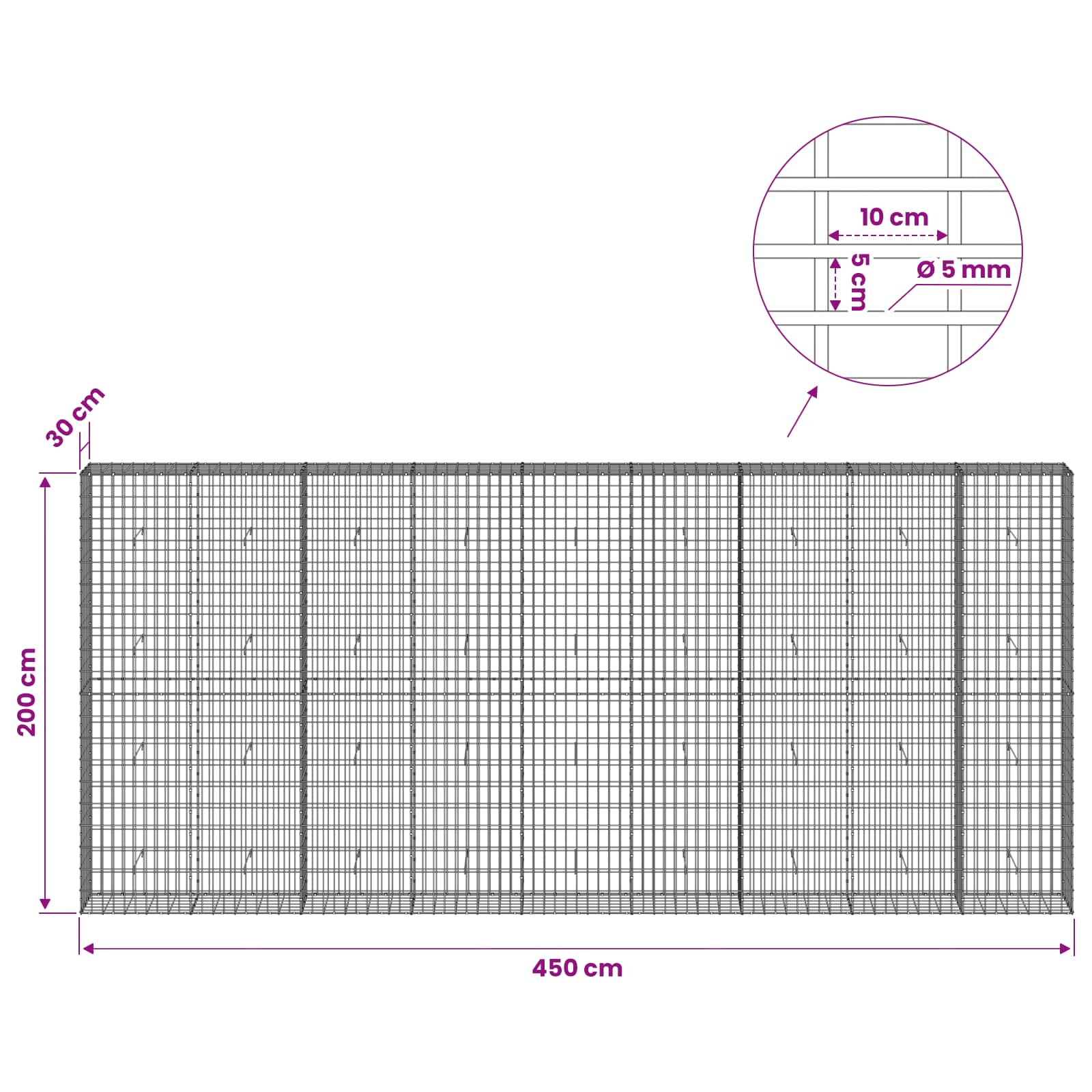 Gabion z žico 5 mm in mrežo 5x10 cm 450x30x200 cm