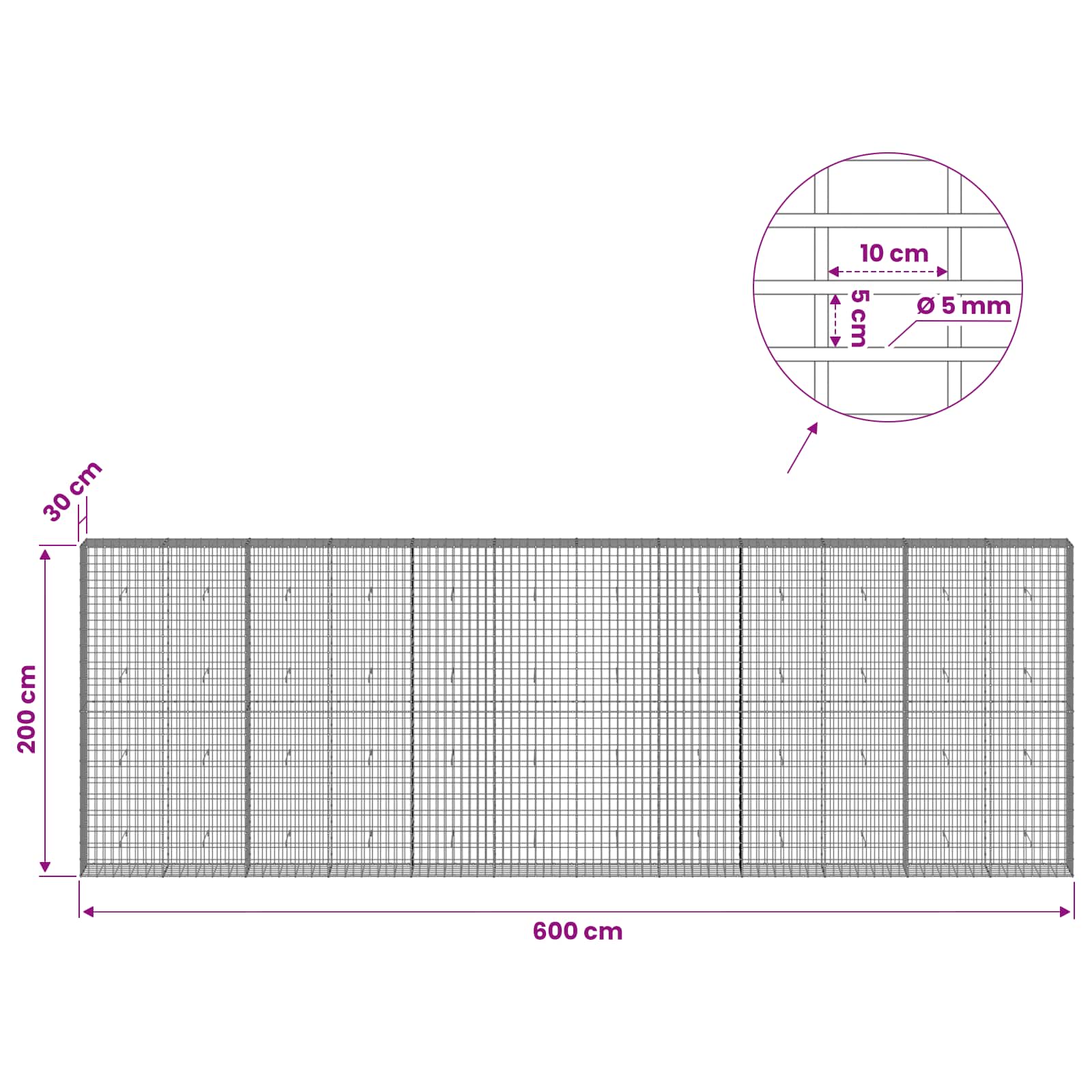 Gabion z žico 5 mm in mrežo 5x10 cm 600x30x200 cm