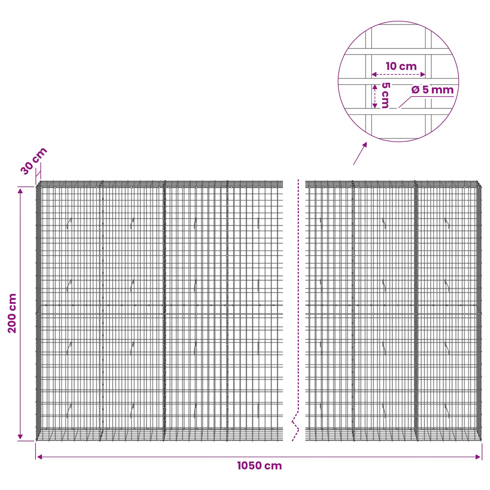 Gabion z žico 5 mm in mrežo 5x10 cm 1050x30x200 cm
