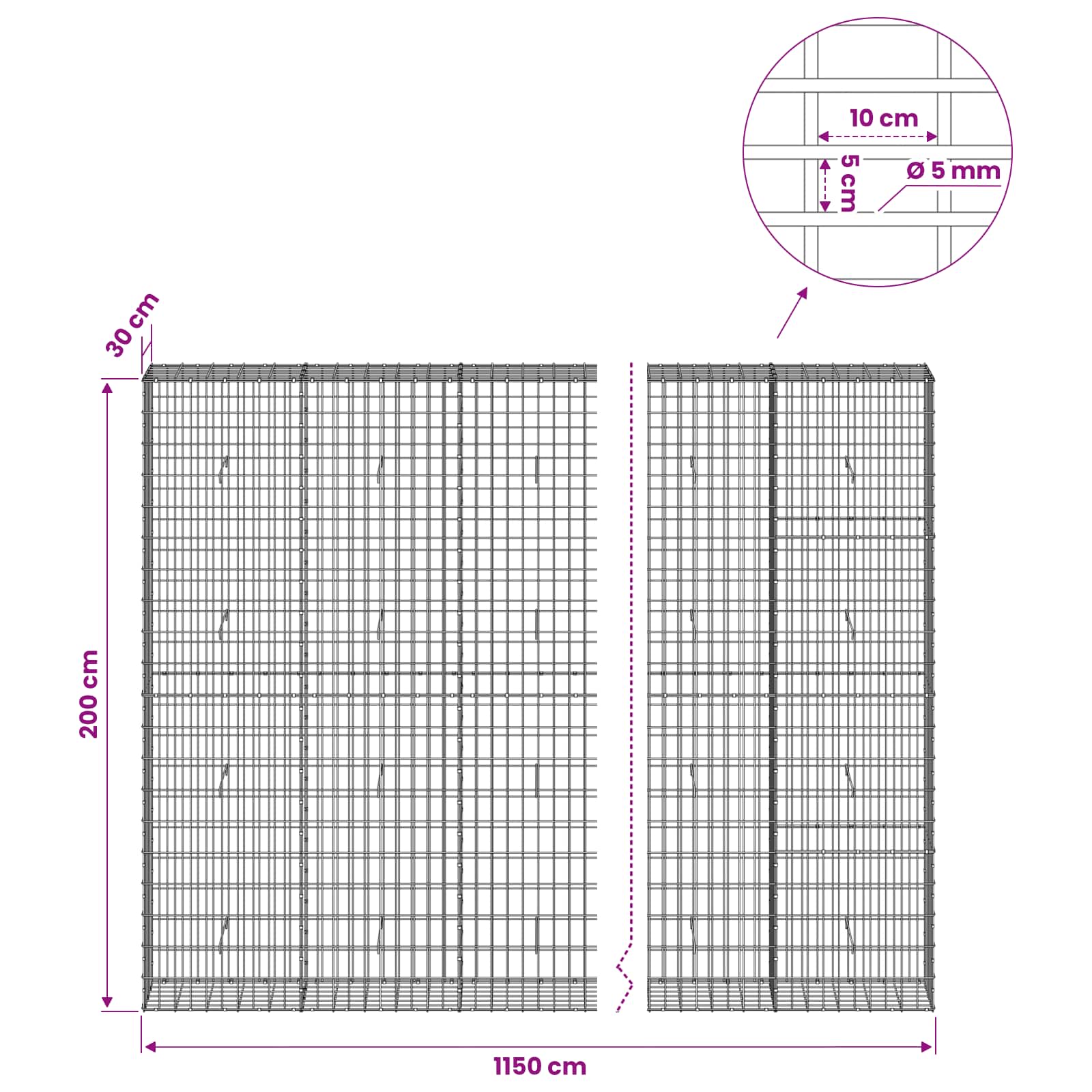Gabion z žico 5 mm in mrežo 5x10 cm 1150x30x200 cm