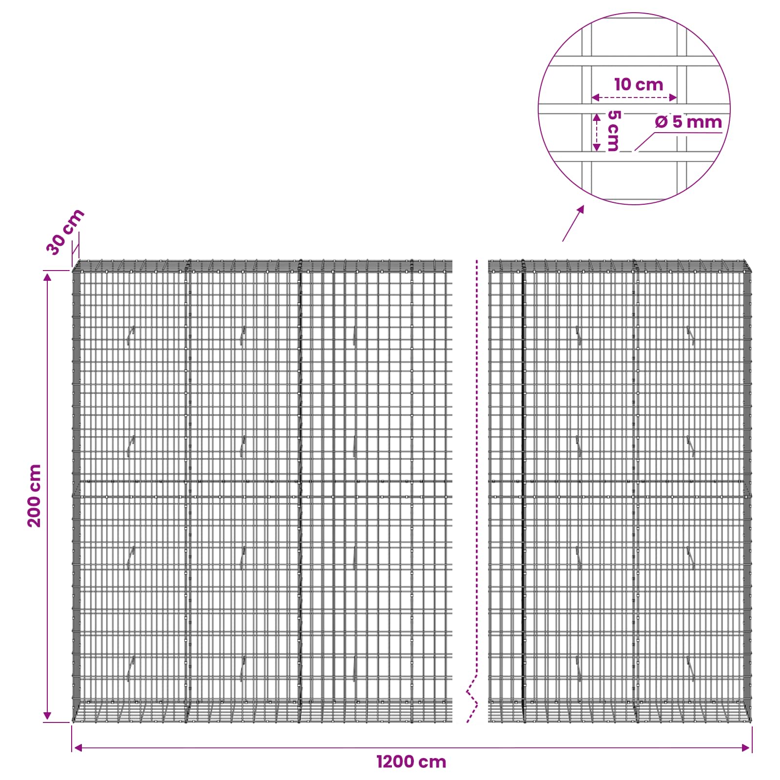 Gabion z žico 5 mm in mrežo 5x10 cm 1200x30x200 cm