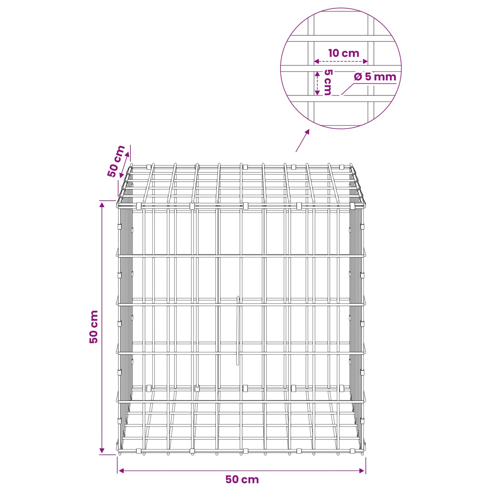 Gabion z žico 5 mm in mrežo 5x10 cm 50x50x50 cm Pocinkano jeklo