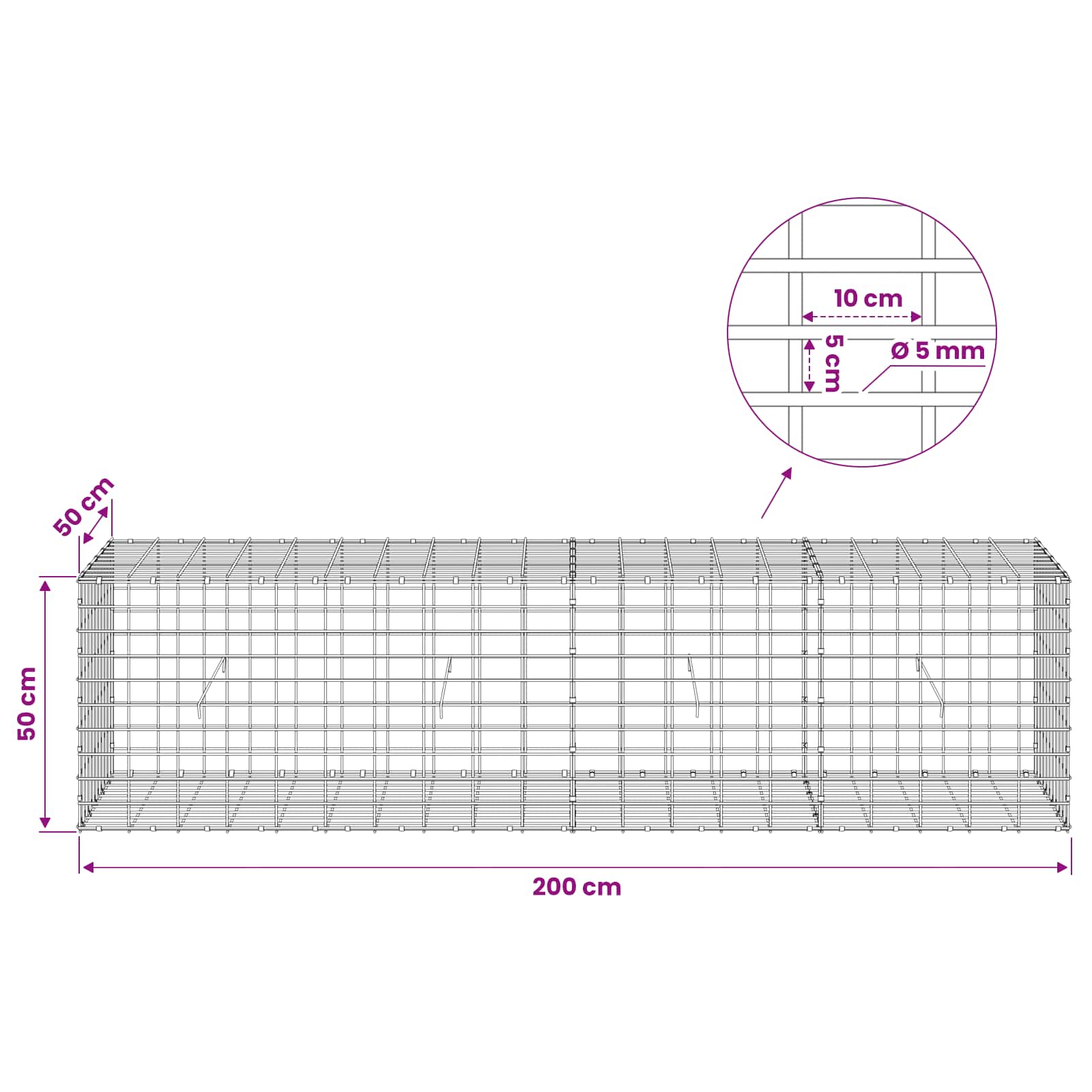 Gabion z žico 5 mm in mrežo 5x10 cm 200x50x50 cm