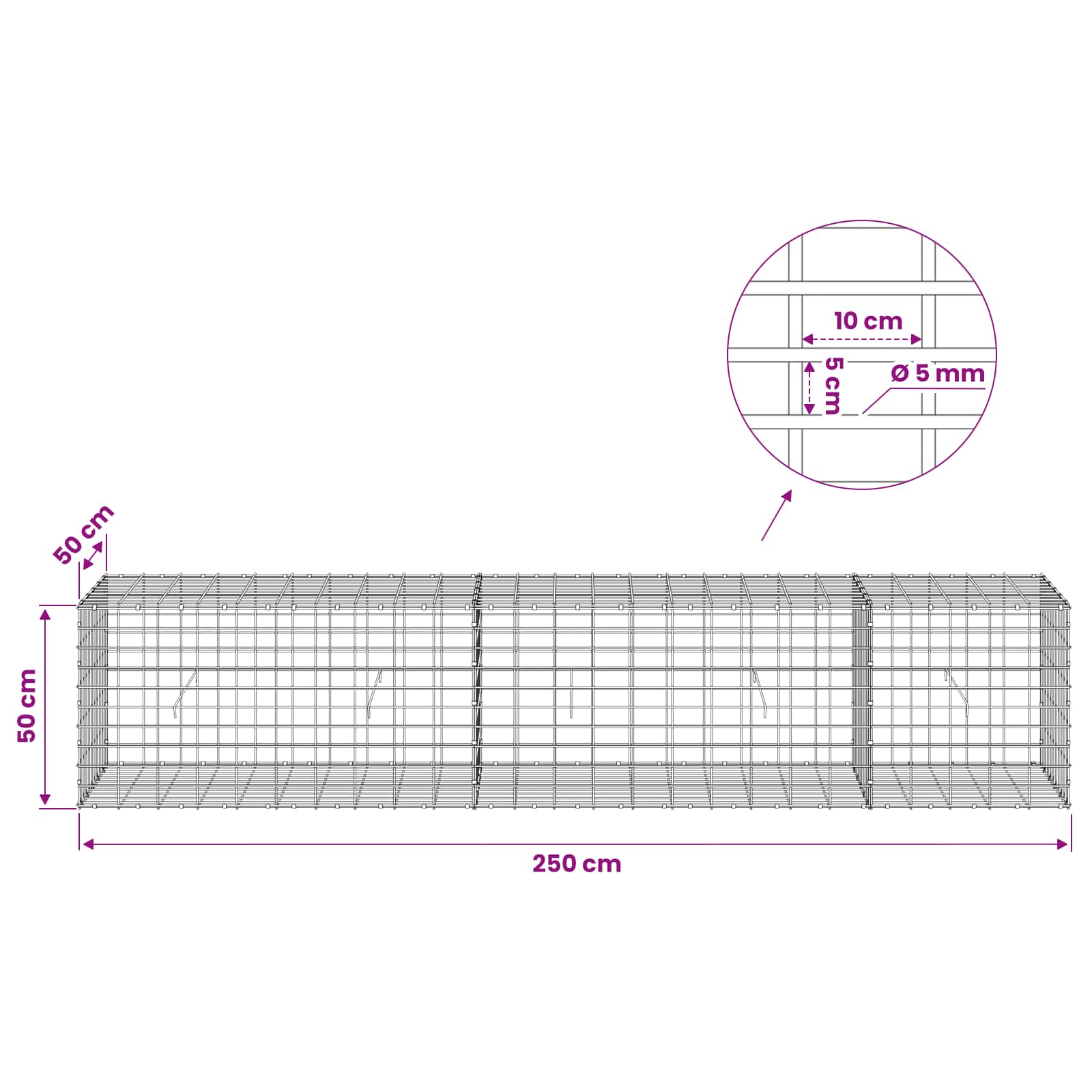 Gabion z žico 5 mm in mrežo 5x10 cm 250x50x50 cm