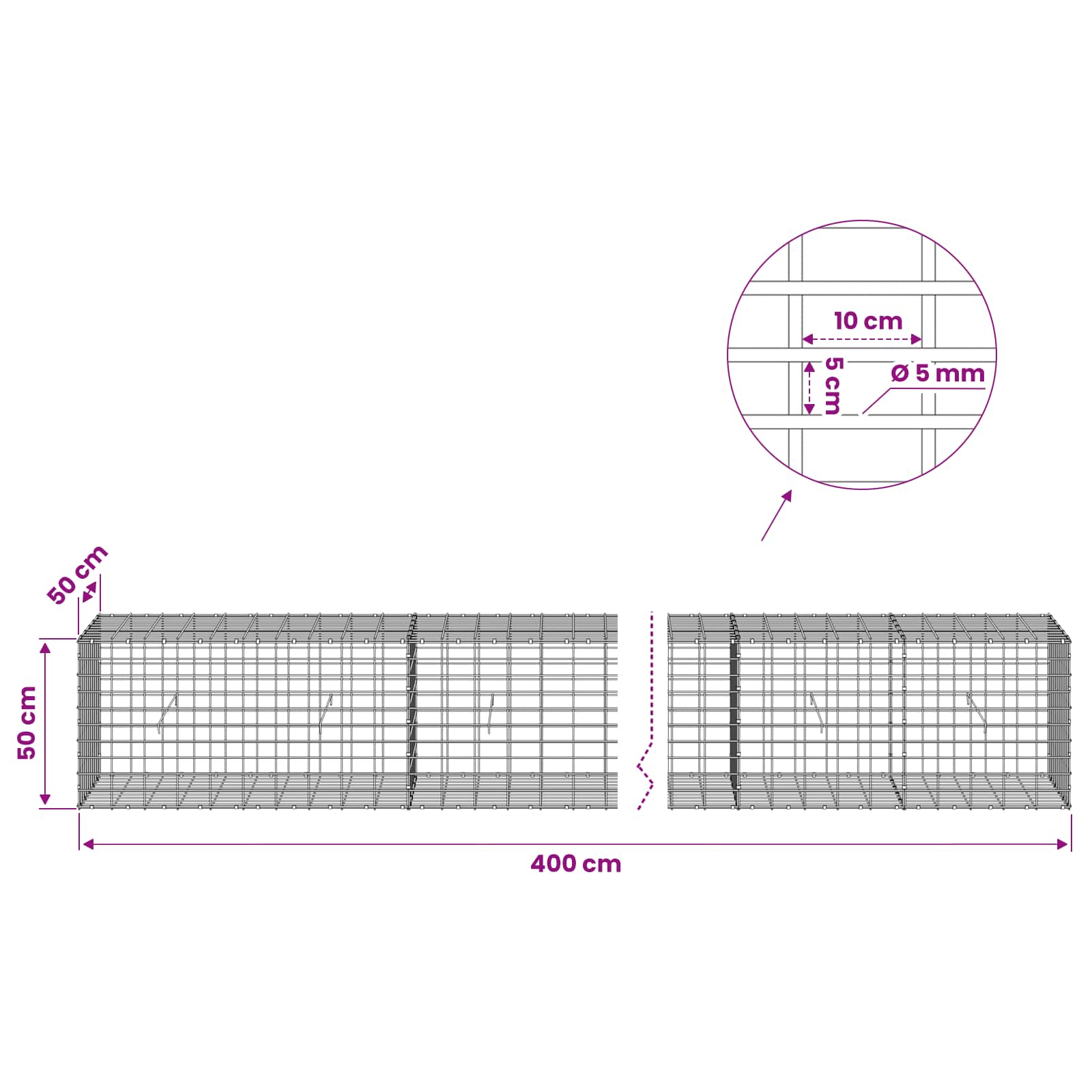 Gabion z žico 5 mm in mrežo 5x10 cm 400x50x50 cm