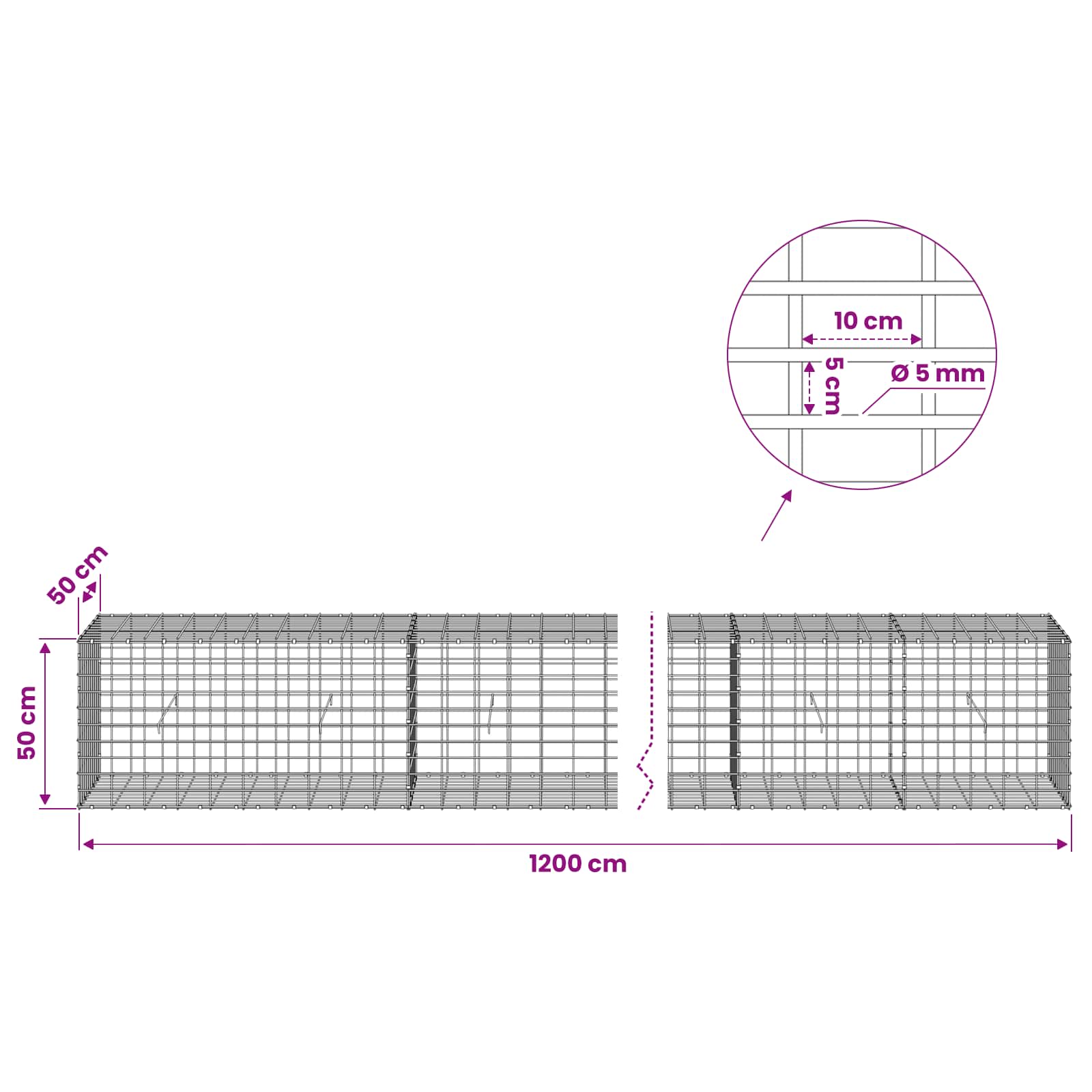 Gabion z žico 5 mm in mrežo 5x10 cm 1200x50x50 cm