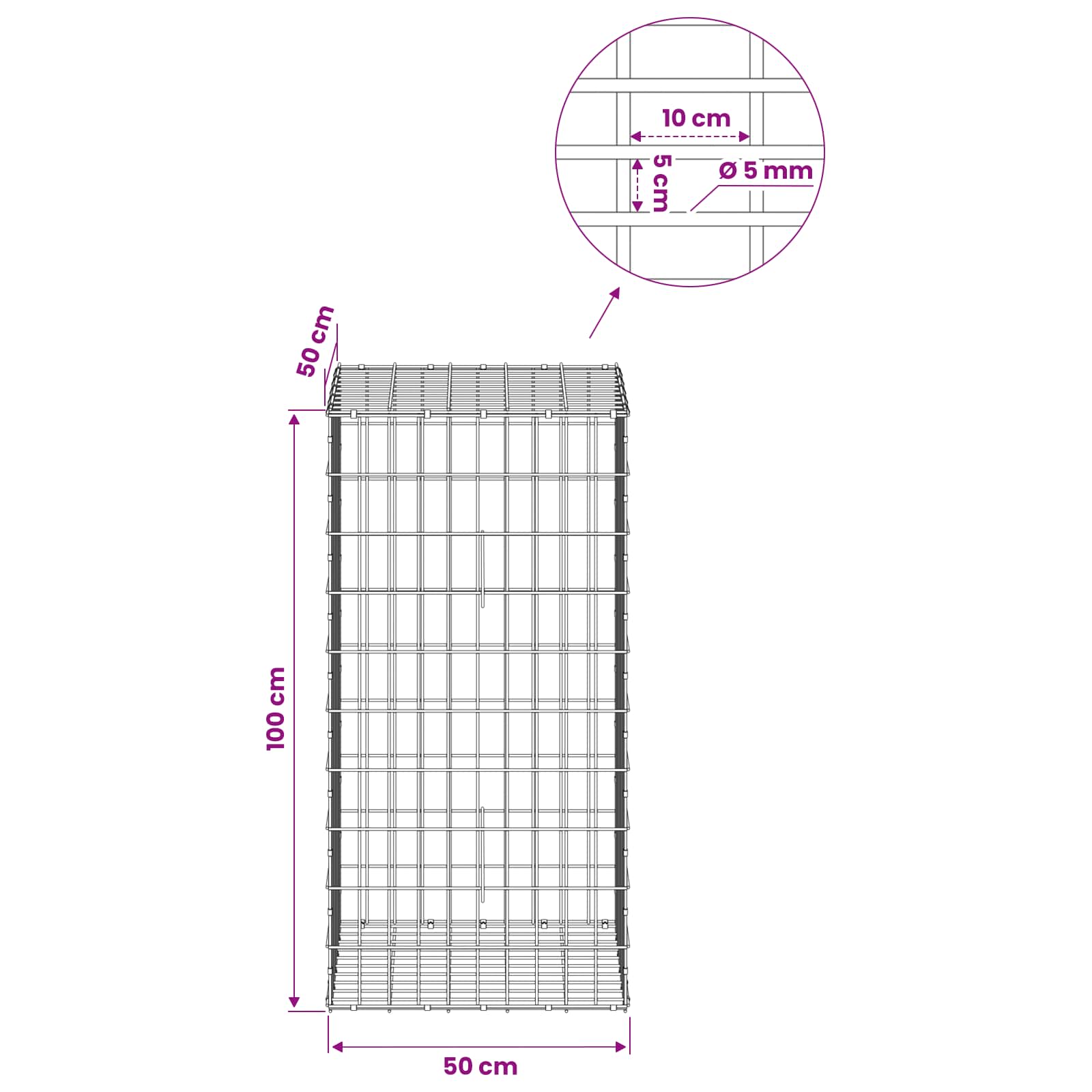 Gabion z žico 5 mm in mrežo 5x10 cm 50x50x100 cm