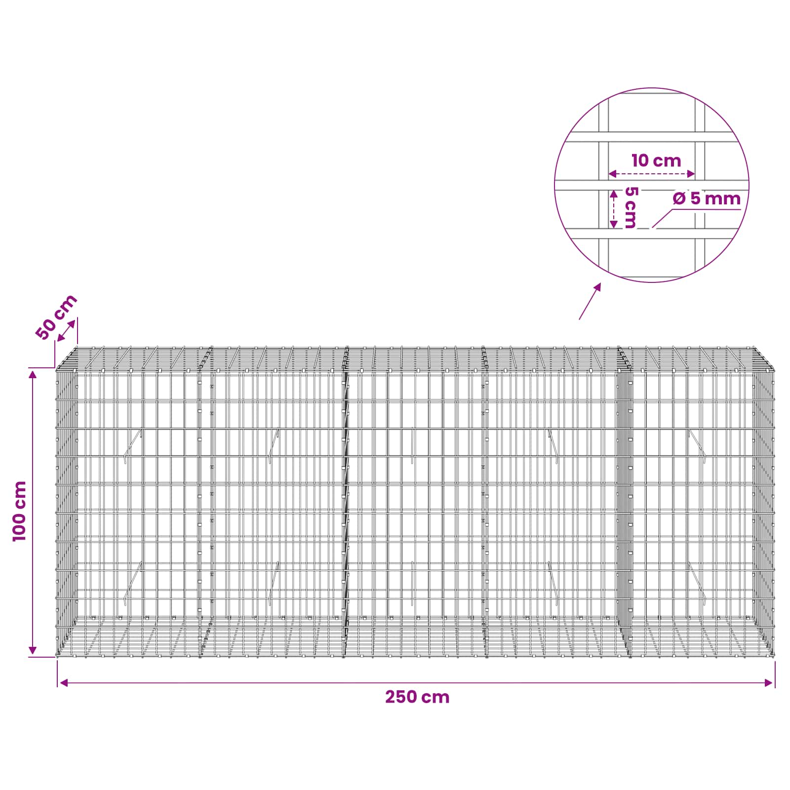 Gabion z žico 5 mm in mrežo 5x10 cm 250x50x100 cm